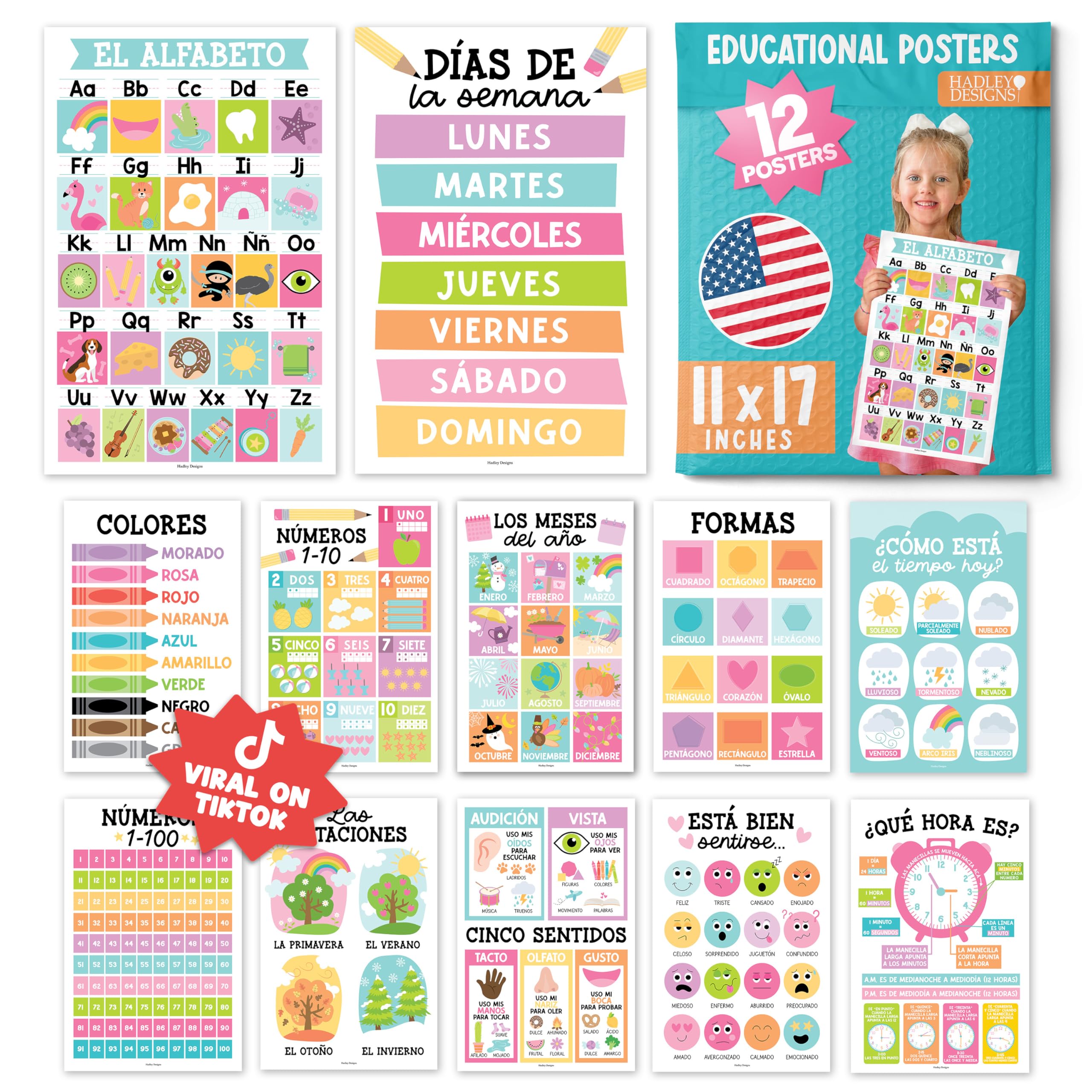 Hadley Designs Spanish Posters for Classroom - 12 Bilingual Educational Posters for Spanish Classroom Decorations Must Haves, Calendario y Alfabeto en