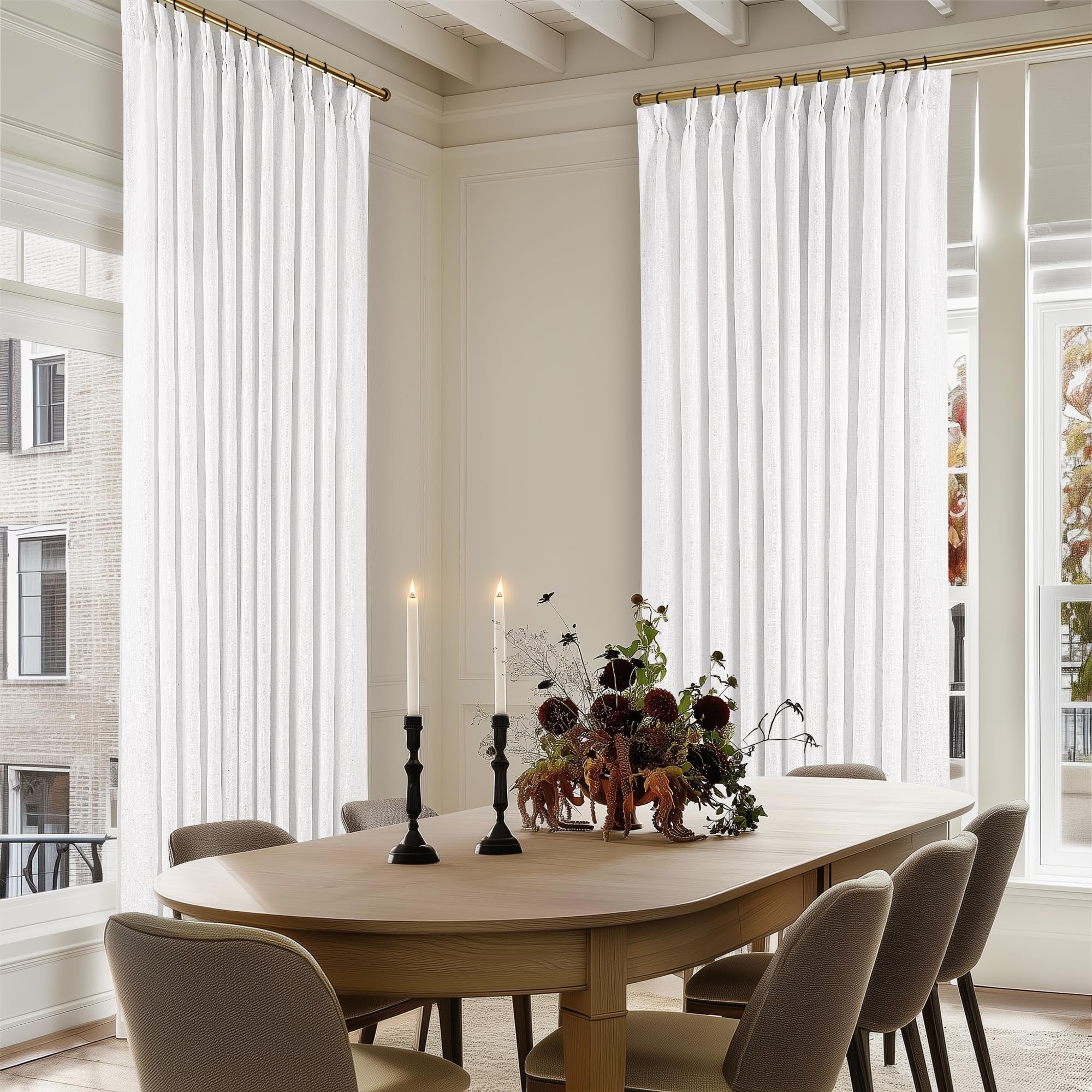 Snow White Pinch Pleat Semi Sheer Linen Curtains W70xL120 1 Panel | Light Filtering, Pinch Pleated Drapes with Hooks Rings, Back Tab, for Living Room Bedroom, 70 Inch Width 120 Inches Long