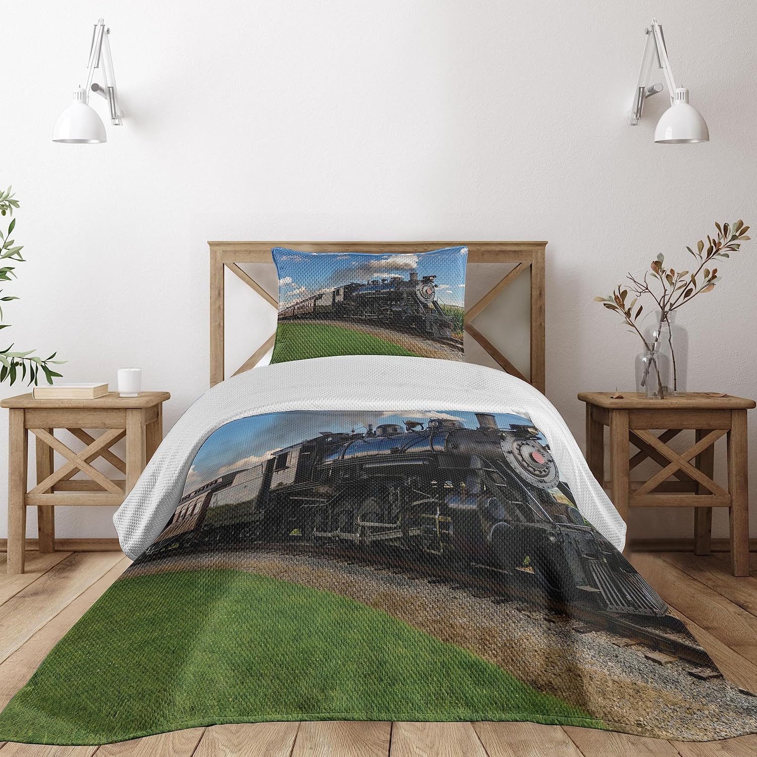 Ambesonne Steam Engine Coverlet, Vintage Locomotive in Countryside Scenery Green Grass Puff Train Picture, 2 Piece Decorative Quilted Bedspread Set with 1 Pillow Sham, Twin Size, Blue Green Twin Size Blue Green
