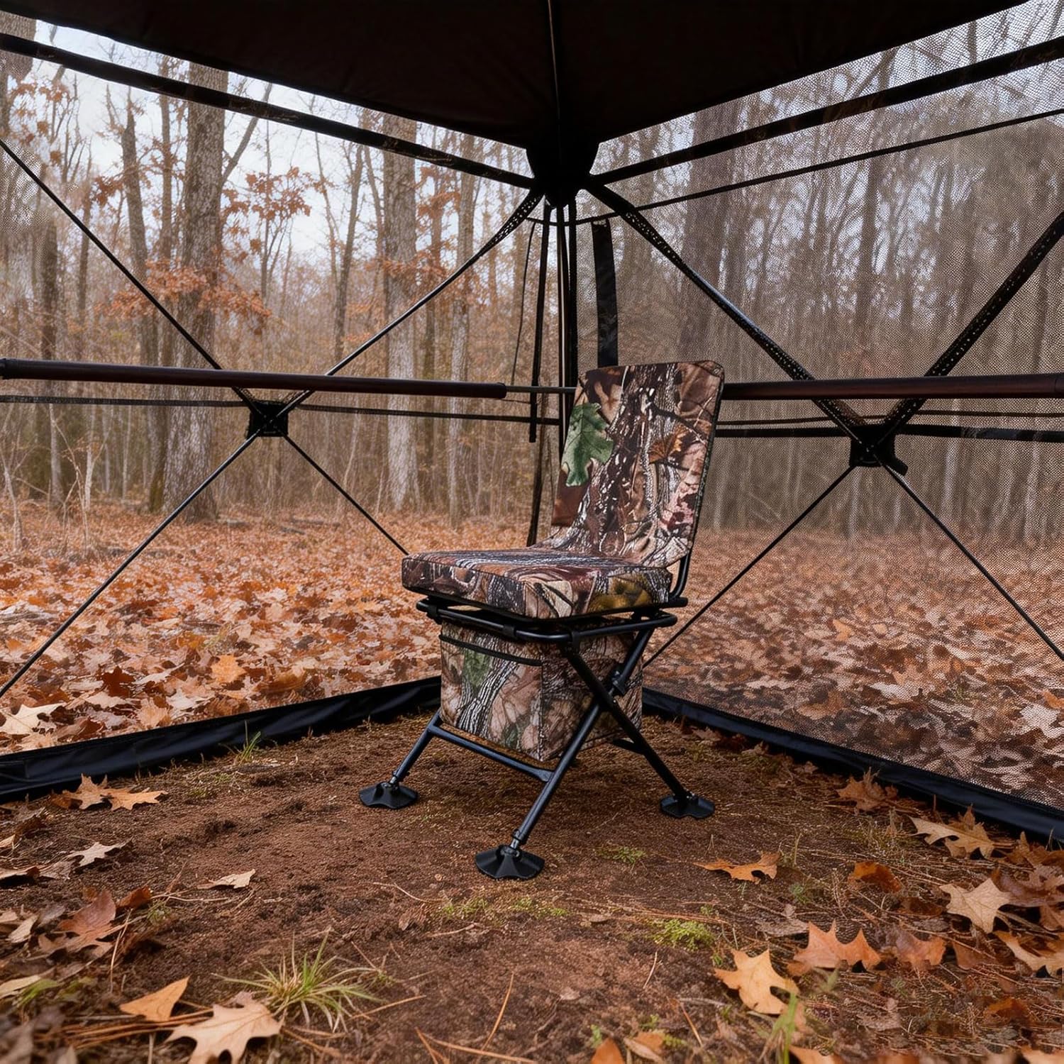 Hunting Chair with Storage Bag, 360 Degree Silent Swivel Hunting Seat, Camouflage Foldable Ground Blind Chair, Tool-Free Padded Cushion Portable Seat, Lightweight