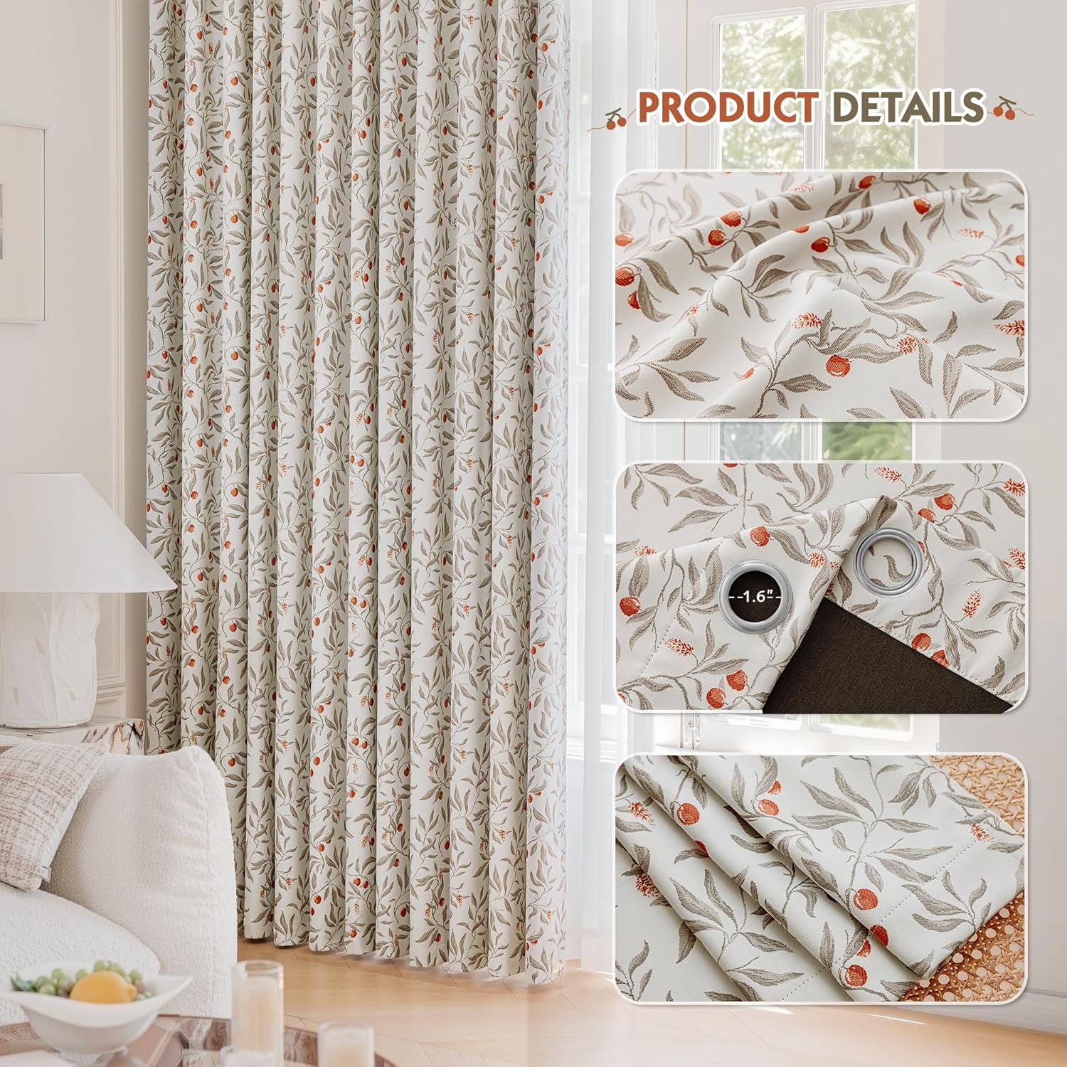 100% Blackout Beige Curtains 96 Inches Long for Bedroom, Orange and Taupe Cherry Leaves Patterned Curtains for Living Room, Farmhouse Thermal Insulated Botanical Drapes Grommet 2 Panels Set