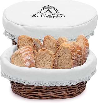 A ARTIZANKA Medium Bread Basket for Serving Set - 11x8" Wicker Basket with Removable Liner and Cover Bread Serving and Bread Warmer Basket for Table Sourdough Bread Basket by