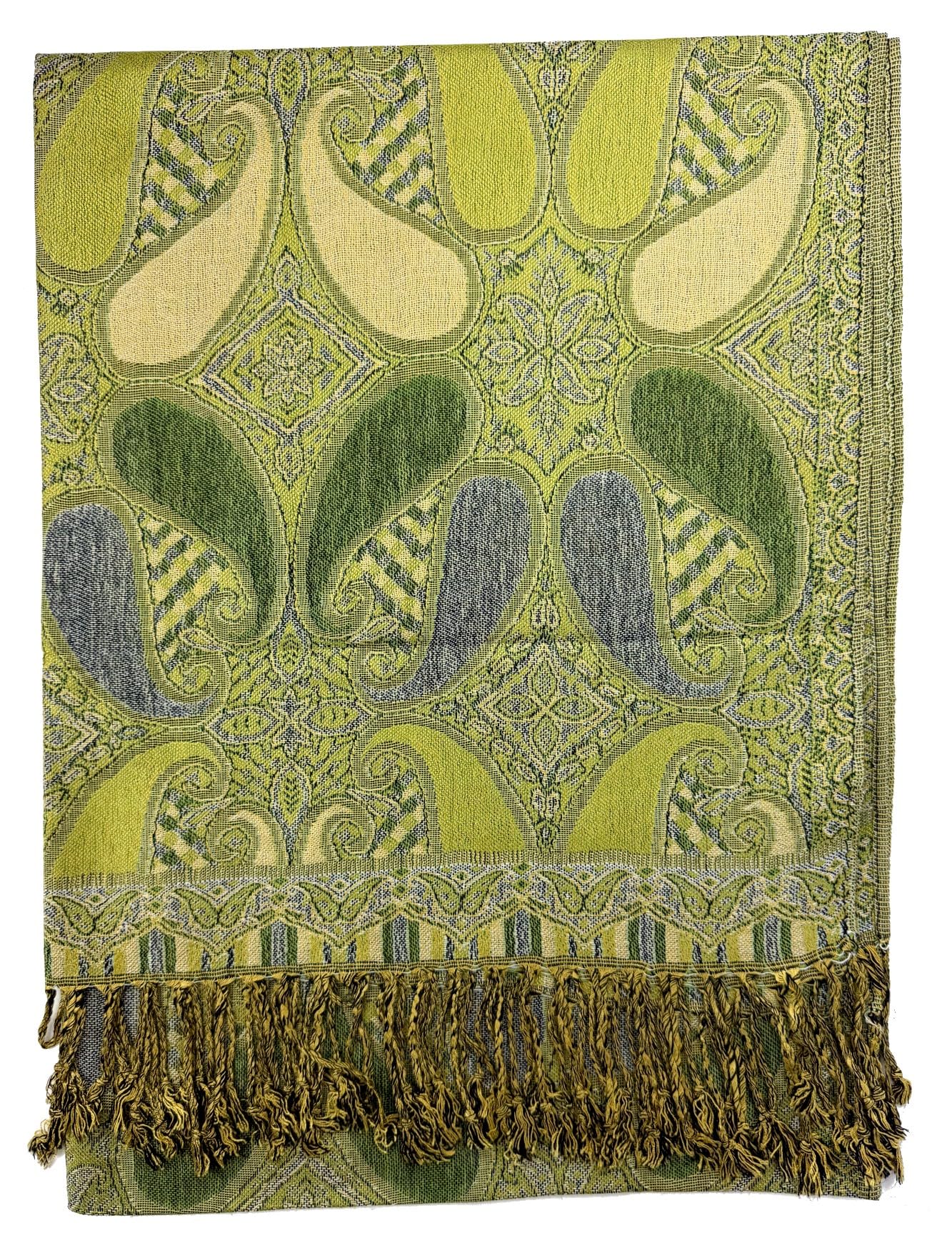 Plum Feathers Tapestry Ethnic Paisley Pattern Pashmina Shawl Scarf, Womens Pashmina Shawl Wrap with Fringes: Olive Teardrop Paisley
