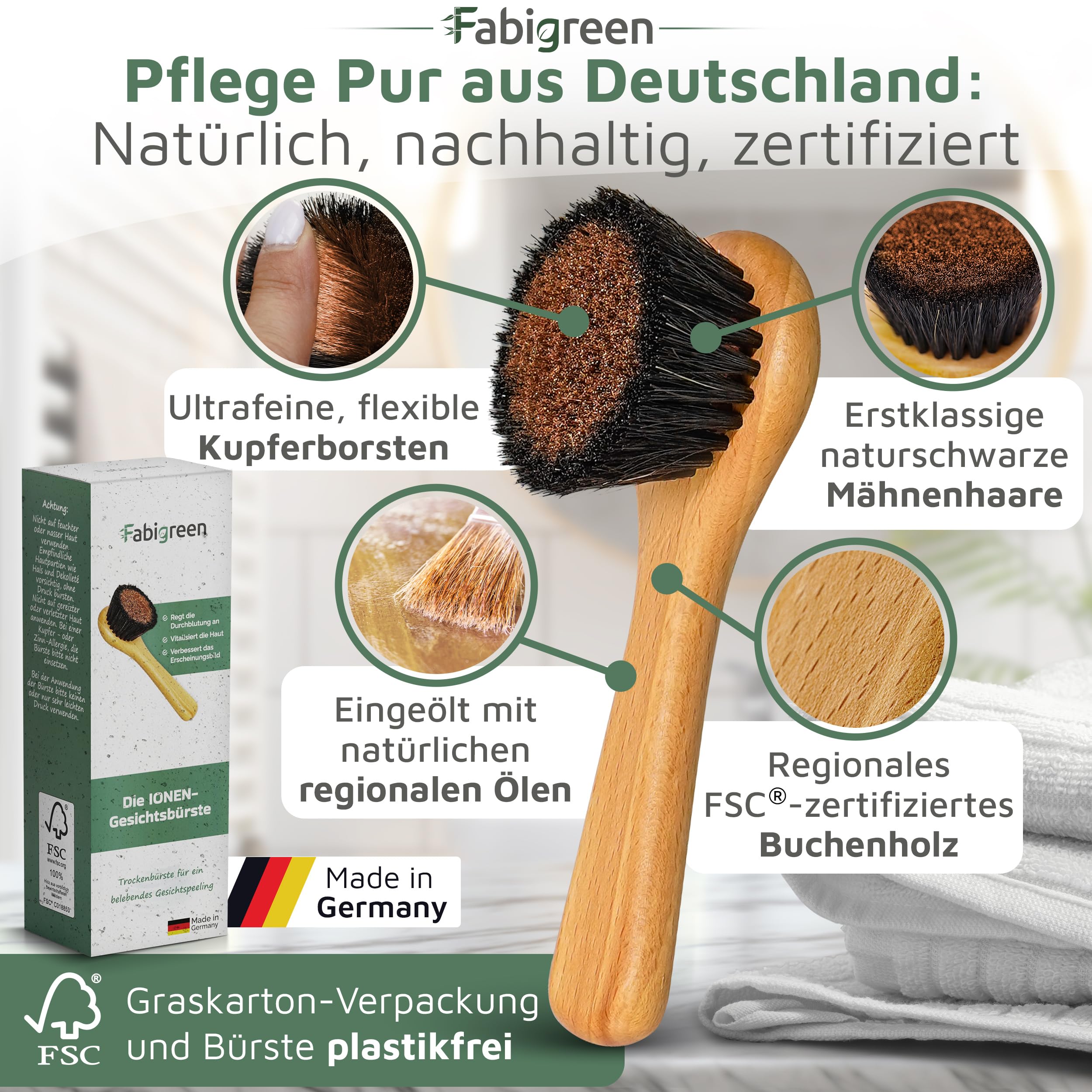 Gesichtsbürste Kupfer Original [MADE IN GERMANY] Peeling Trockenbürste Gesicht inkl. E-Book mit Face Yoga & Anwendungstipps Ionic face dry brush Klosterbürste FSC Buchenholz& plastikfrei