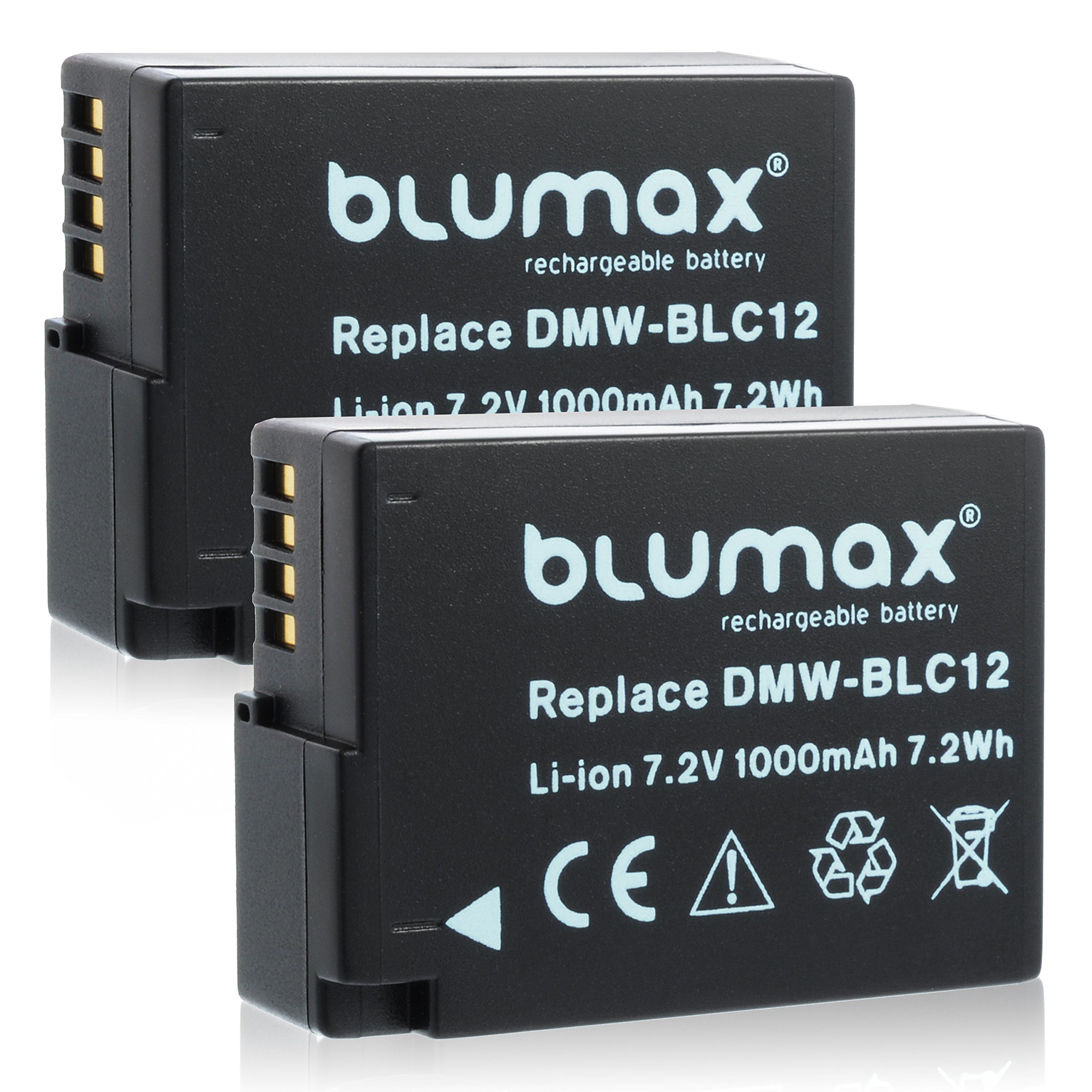 Blumax 2X Akku für Panasonic DMW-BLC12/DMW-BLC12E 1000mAh Kompatibel mit Lumix DMC: G5 | G6 | GX8 | G70 | G81 | GH2 | FZ200 | FZ300 | FZ1000 | FZ2000 | Leica V-Lux 4