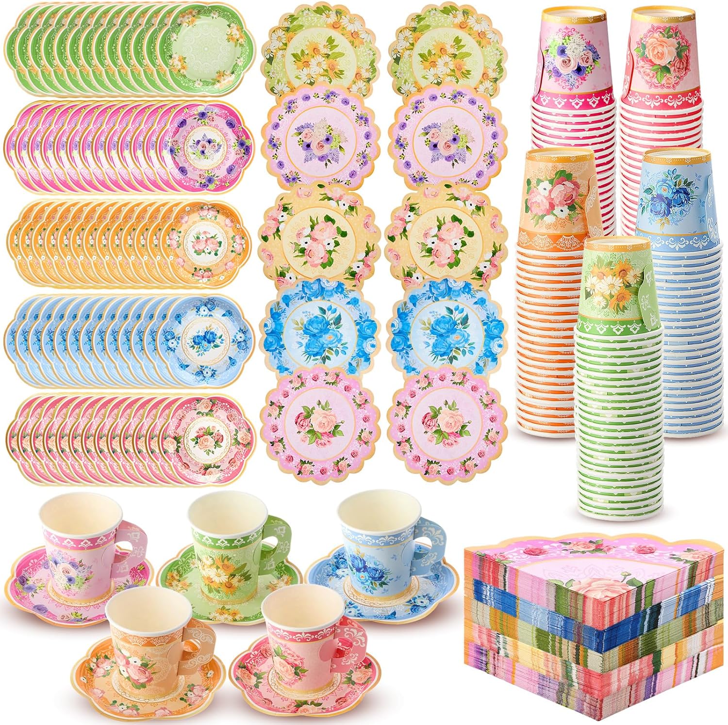 Nuogo 300 Pcs Disposable Tea Party Supplies Vintage Floral Paper Tea Cups with Handle and Plates Napkins Tea Cup and Saucer Set for Birthday Baby Shower Bridal Wedding Mother's Day, Serve 100 Guest