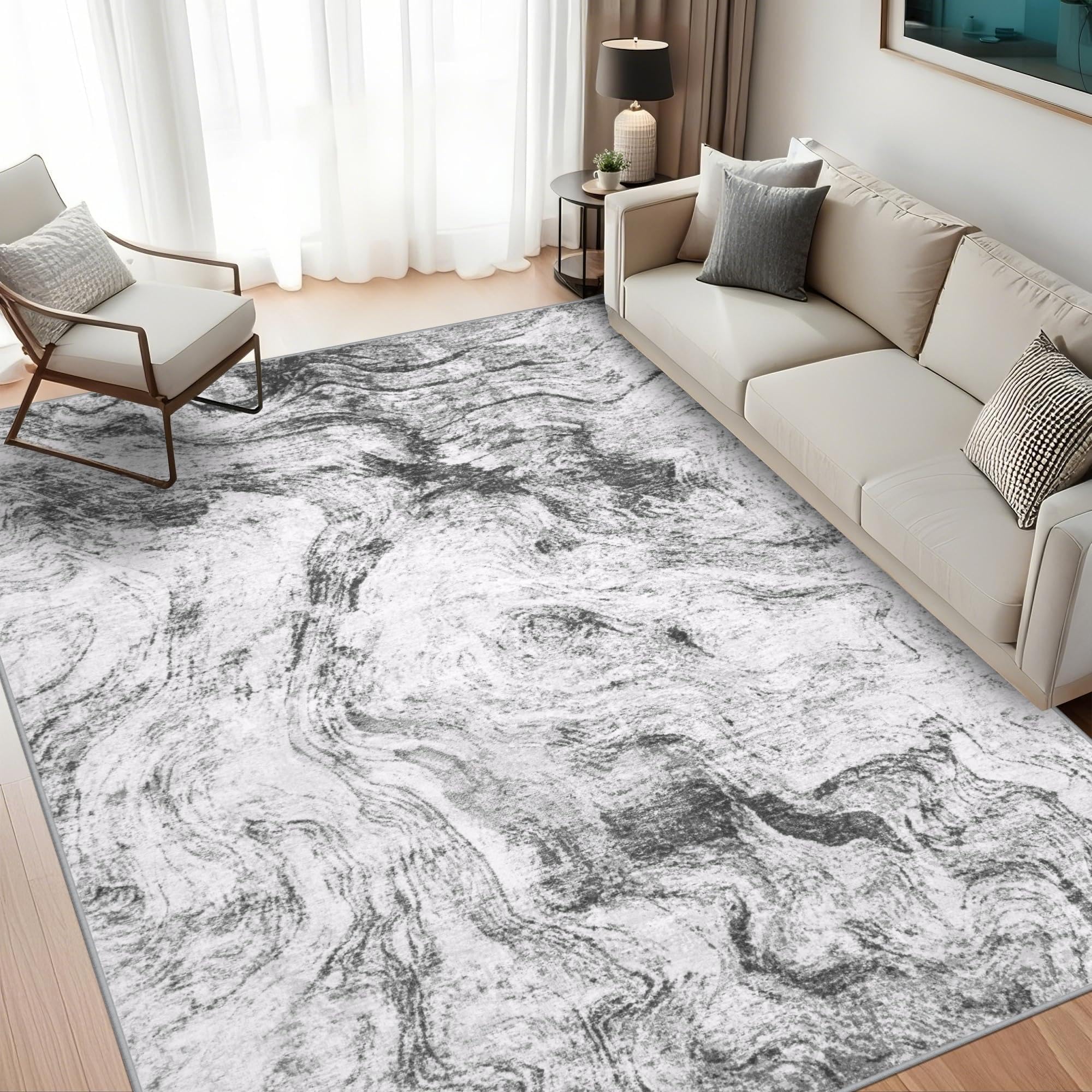 Tapis à poils courts gris lavable au design abstrait moderne de 70x200cm