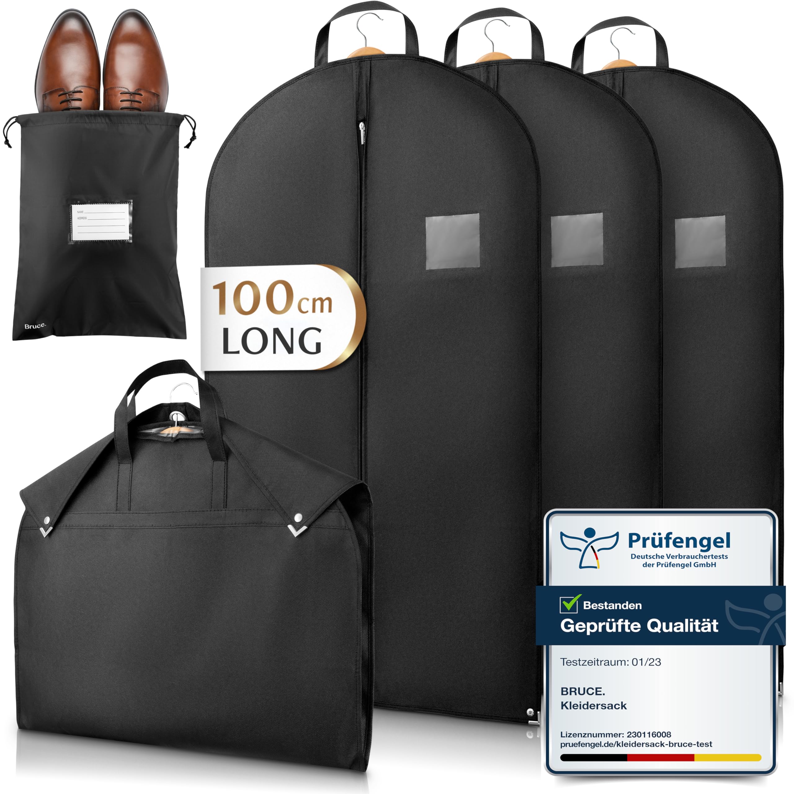 Bruce.® 3x Premium Garment Bags 100x60cm with 1x Shoe Bag, Breathable Clothes Cover for Suits, Dresses, Coats & Jackets, 120 GSM Heavy-Duty Material Perfect for Travel & Wardrobe Storage Bag