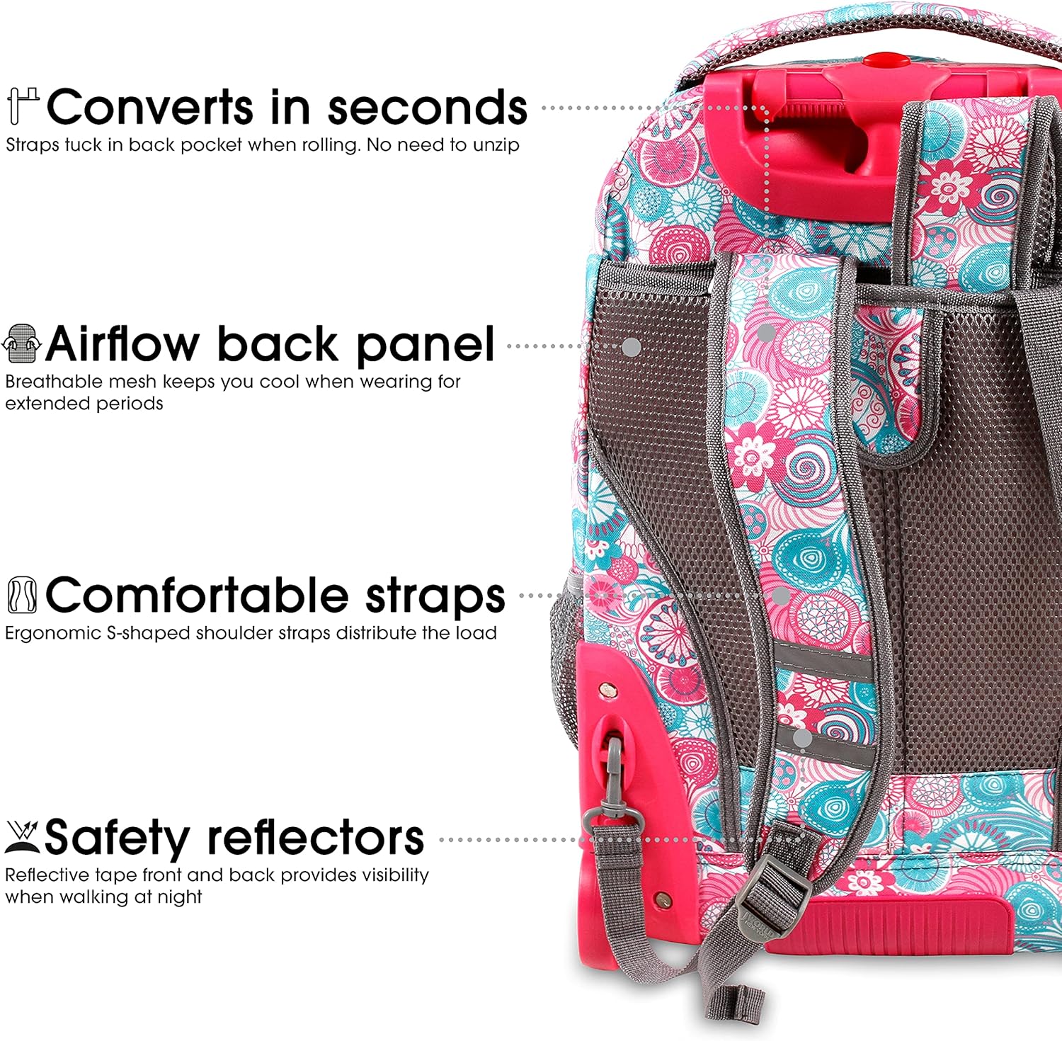 J World Sundance Laptop Rolling Backpack for Girls Boys. Roller Bookbag with Wheels, Blue Raspberry - Image 6