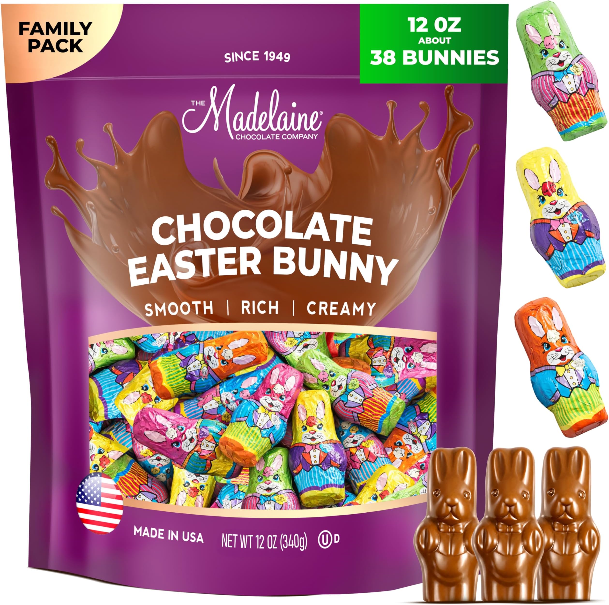 Madelaine Easter Chocolate Bunny - 38 Premium Milk Chocolate Mini Bunnies - 12 Oz Easter Candy Individually Wrapped Basket Stuffers