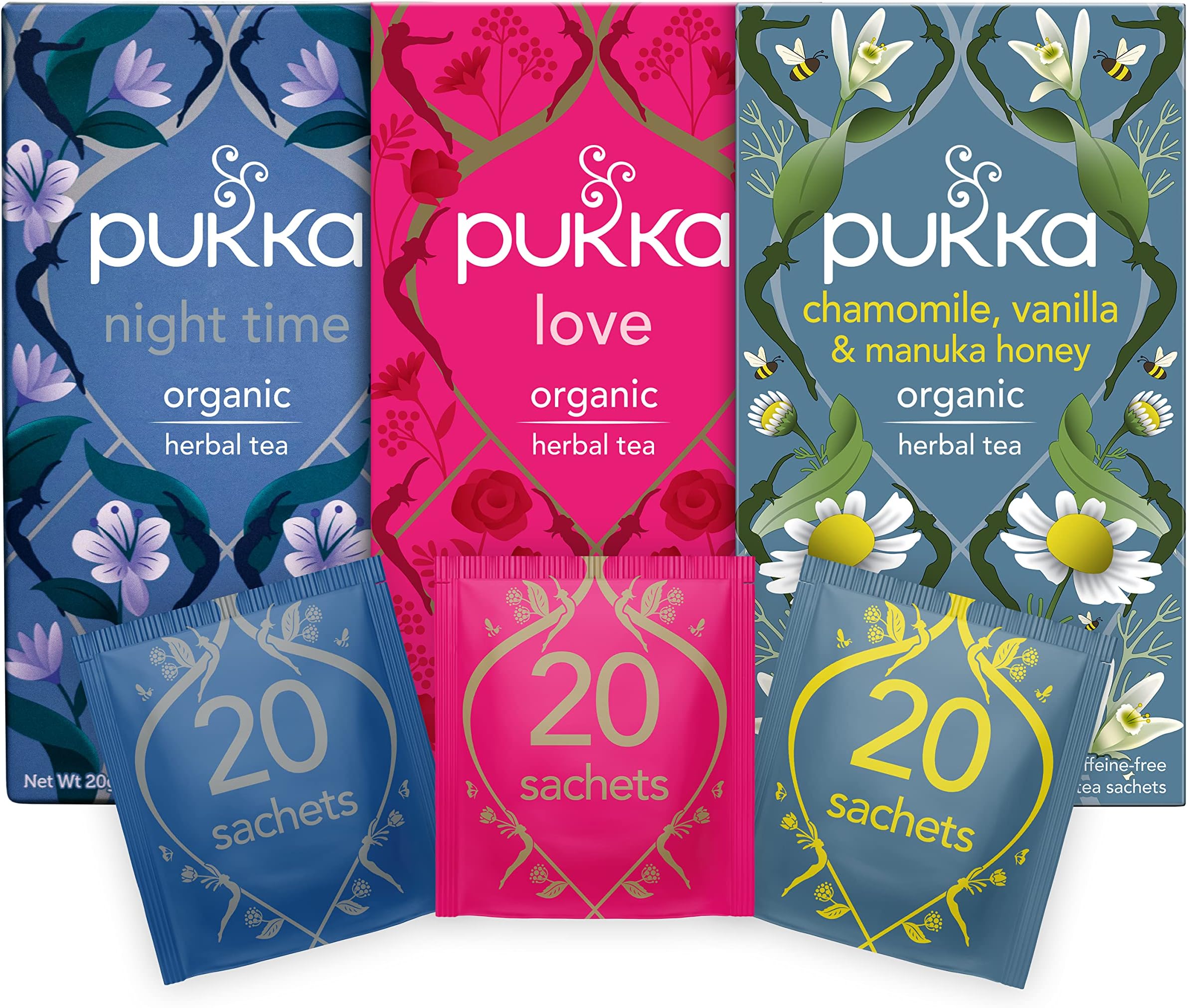Relaxing Tea Selection - Love, Night Time and Chamomile, Vanilla and Manuka Honey - Bundle of 3 boxes, 20 Sachets of Each