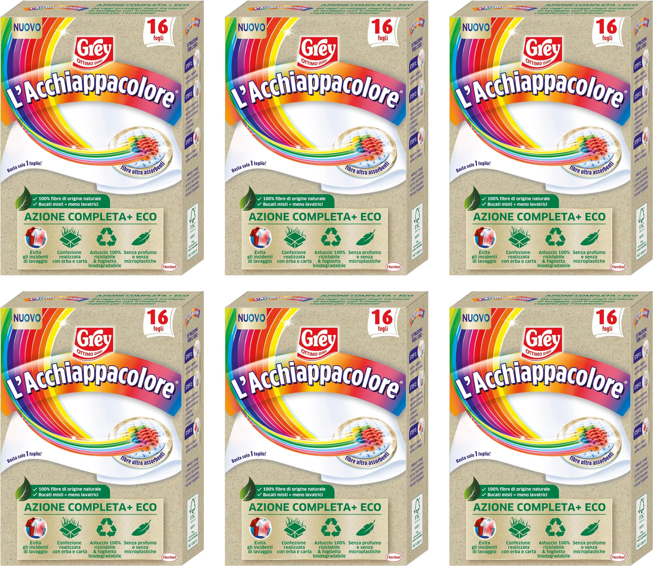 Grey L'Acchiappacolore Azione Completa+ ECO, Fogli Cattura Colore Lavatrice Evita Incidenti Lavaggio, Foglietti Acchiappacolore e Anti-Sporco, 6 Confezioni da 16 Fogli