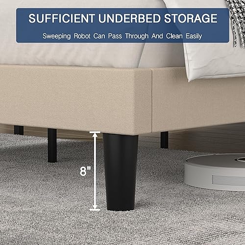 Miniatura 6 de VECELO Base de cama de plataforma tapizada individual, base de colchón con cabecero copetudo ajustable en altura, soporte de listones de madera