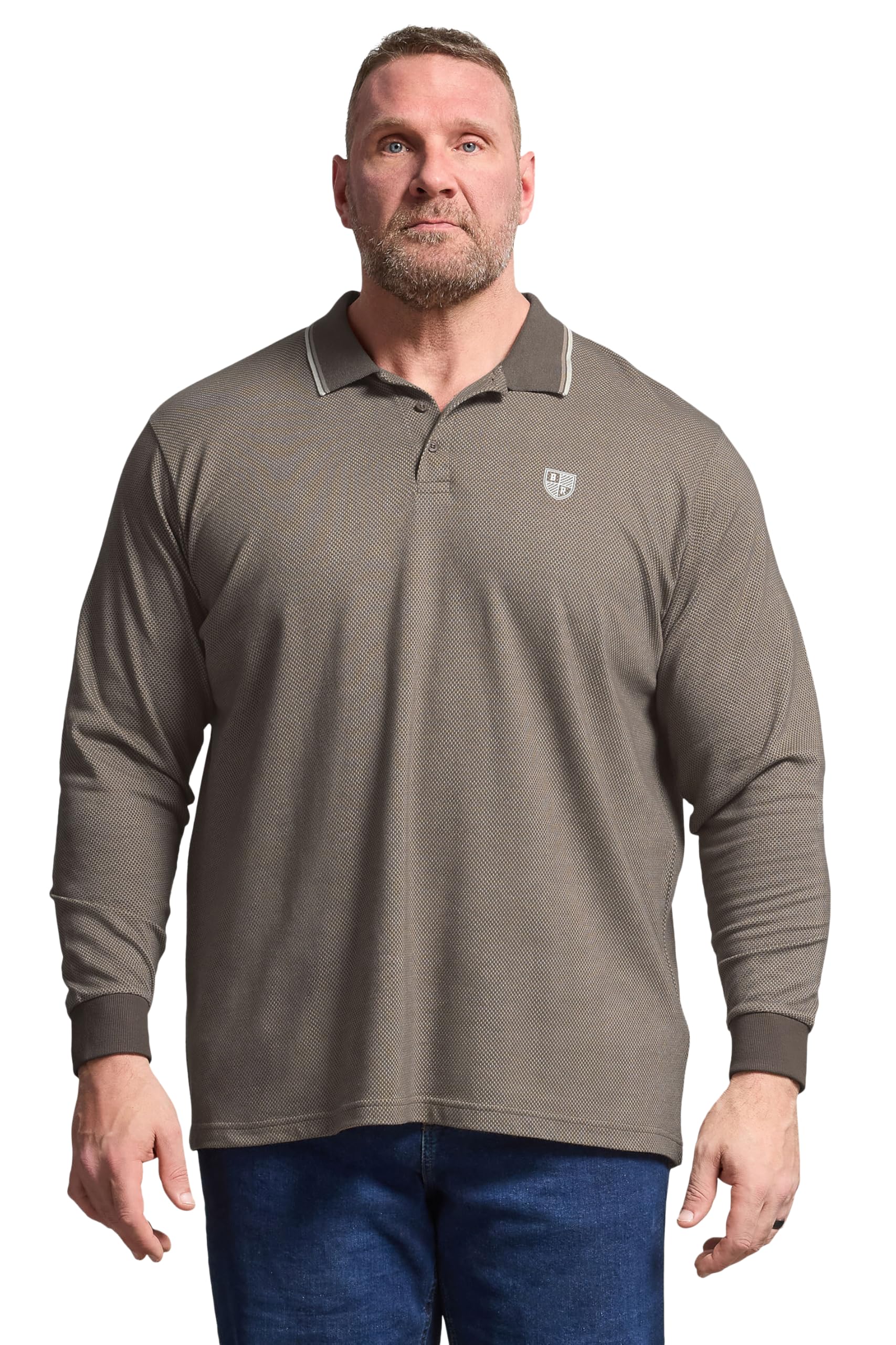 Badrhino Men's Brown Big & Tall Textured Waffle Long Sleeve Polo Shirt - Plus Size Curve