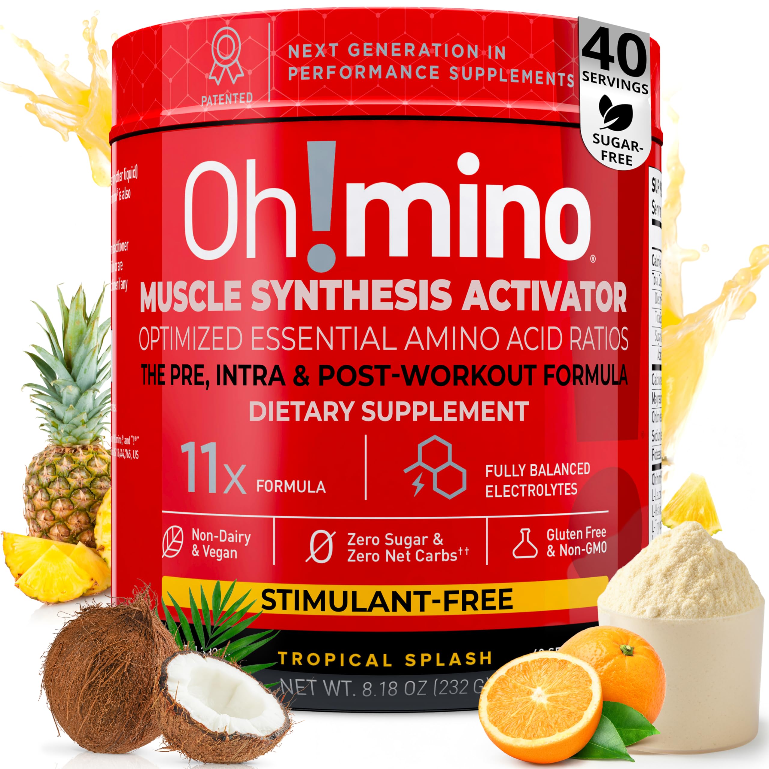 Oh!mino Essential Amino Acids Supplement Powder Drink, Tropical Splash, Stimulant-Free, All 9 EAAs, BCAAs, The Perfect Amino for Workouts, Amino Energy, and to Build Muscle, Recover Faster