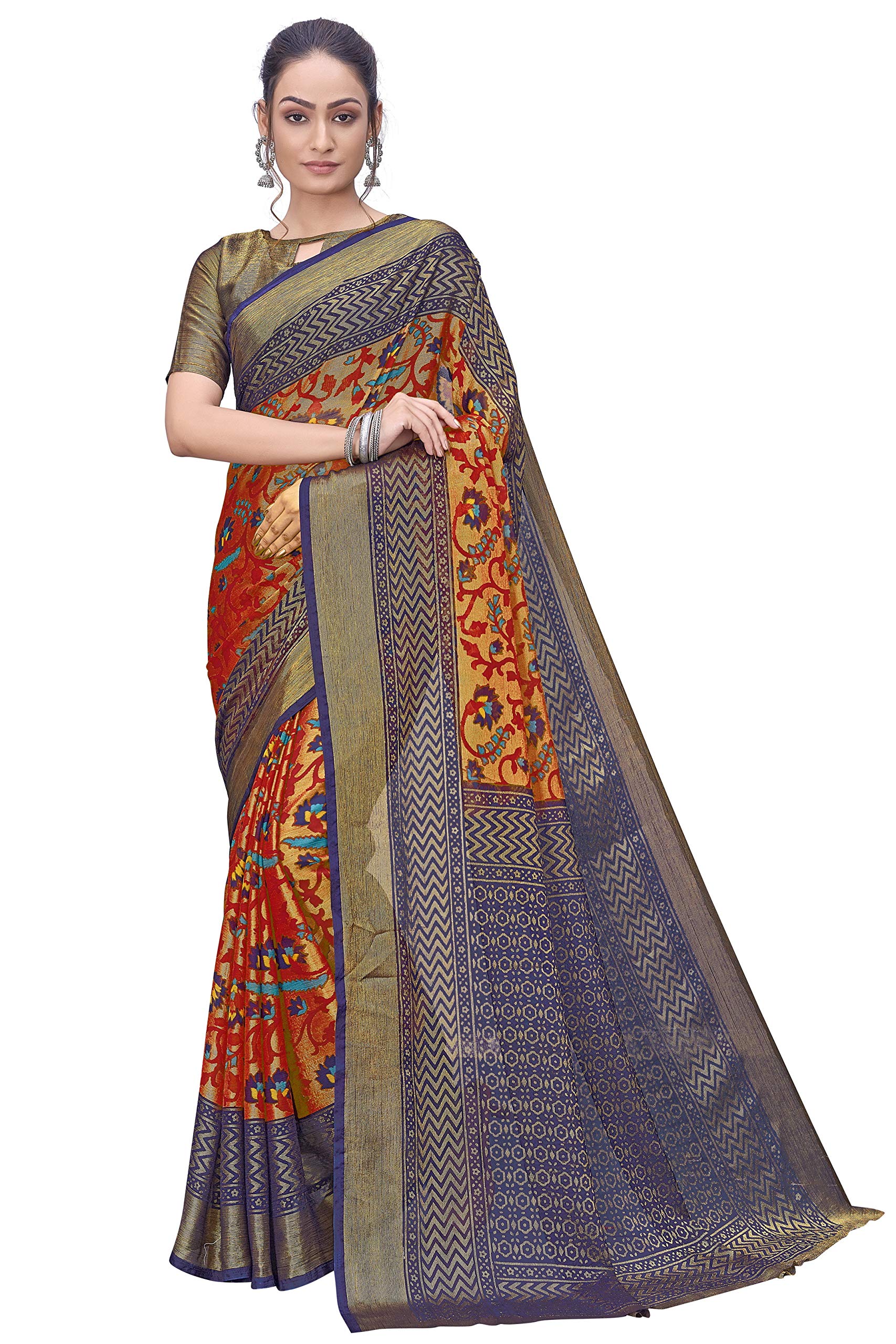 Glory Sarees Women's Brasso Saree With Blouse Piece (Gs_Brasso_Saree104_Red)