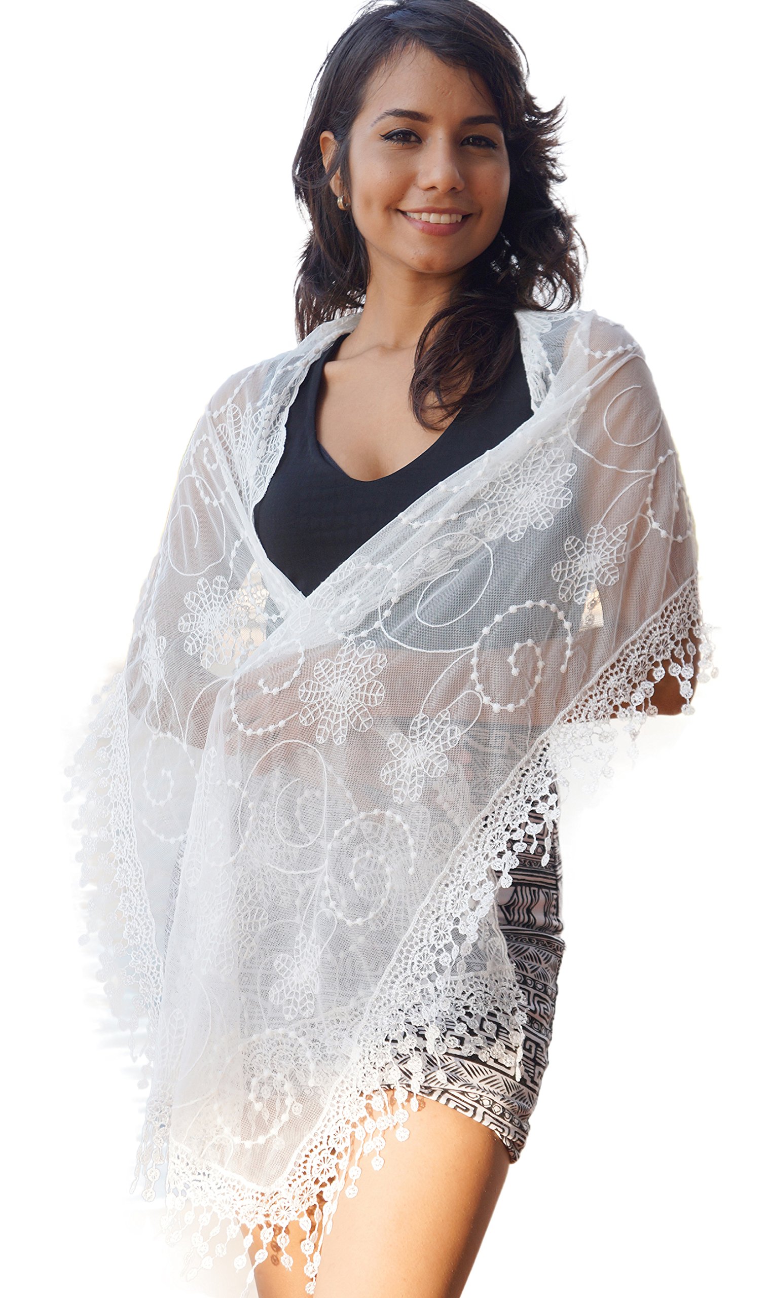 Cindy and Wendy Lightweight Soft Leaf Lace Fringes Scarf shawl for Women