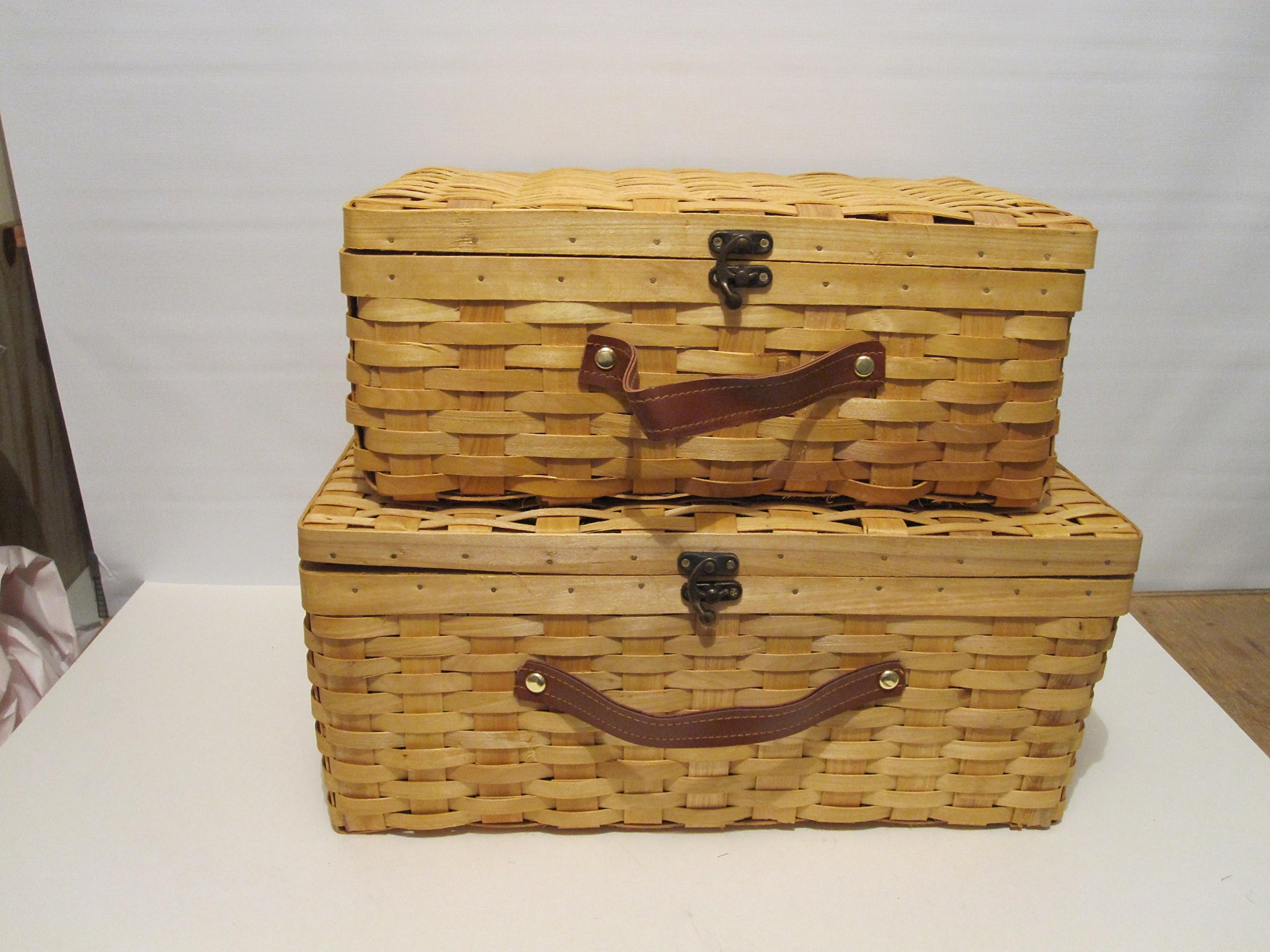 UBC Set of 2 Picnic Baskets with Lid Suitcase Style with Brown Fuax Leather Handle/Antique Style Lock