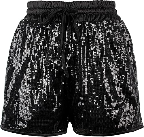 Miniatura 5 de PESION Pantalones cortos de lentejuelas para mujer, cintura alta, casual, holgados, acampanados, brillantes, para discoteca