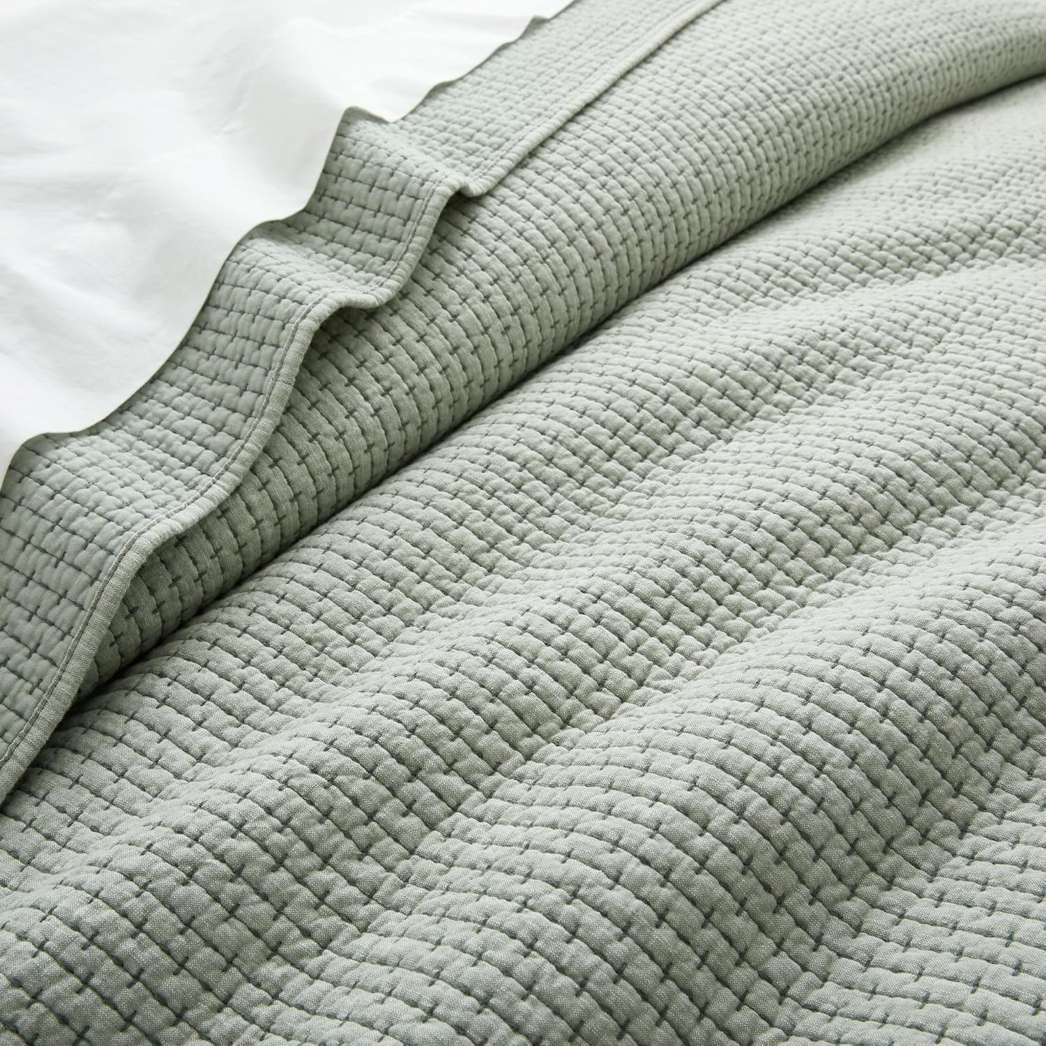 Levtex Home - Pick-Stitch Artisan Sage Quilt Set - Full/Queen Quilt (88x92in) and 2 Standard Shams - Textured - Reversible - Cotton | Textured, Pick-Stitch