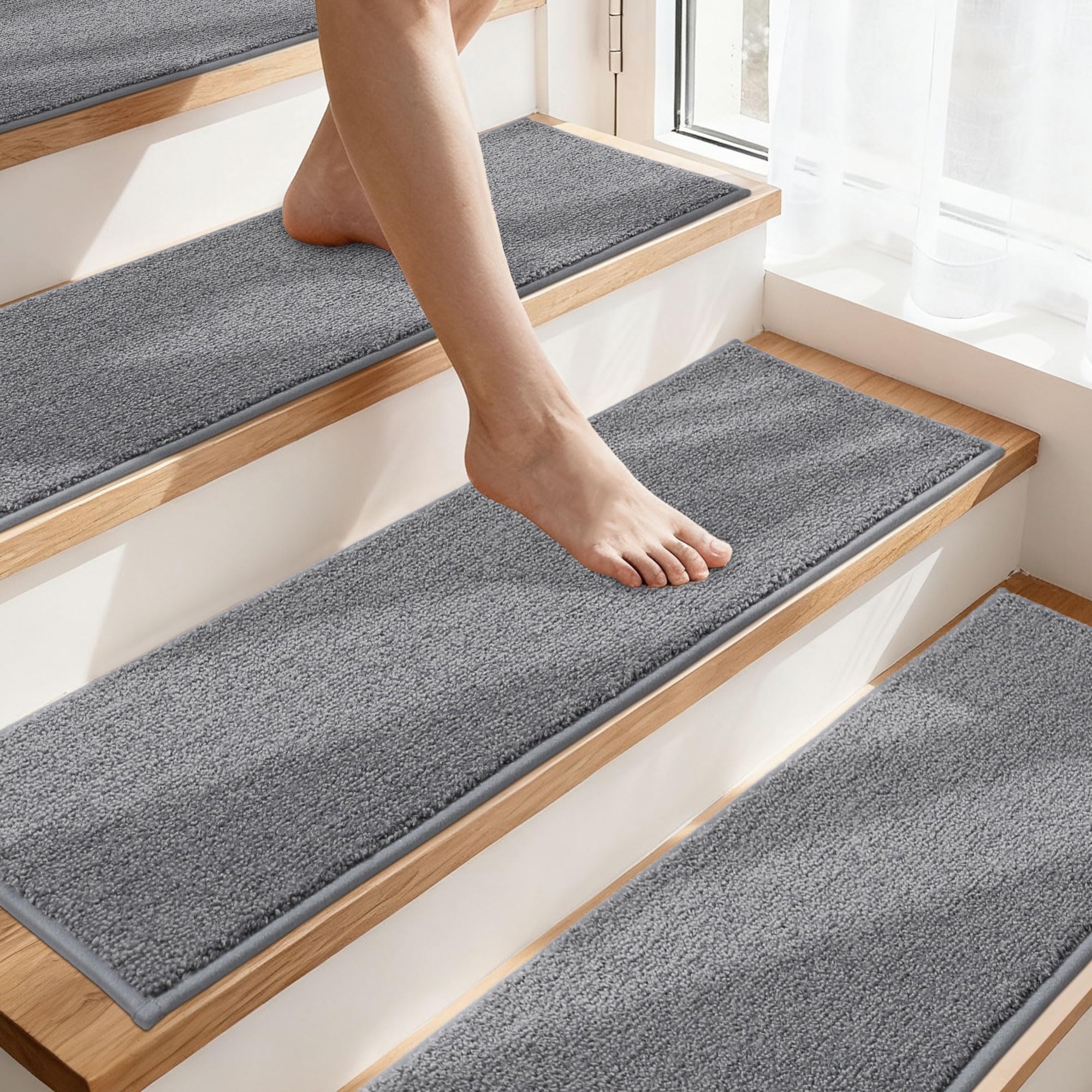 COSY HOMEER Stair Treads Non-Slip Carpet Stair Treads for Wooden Steps, Indoor Stair-Runner Rugs for Kids Elders & Pets 28"x9" (4Pc, Gray)