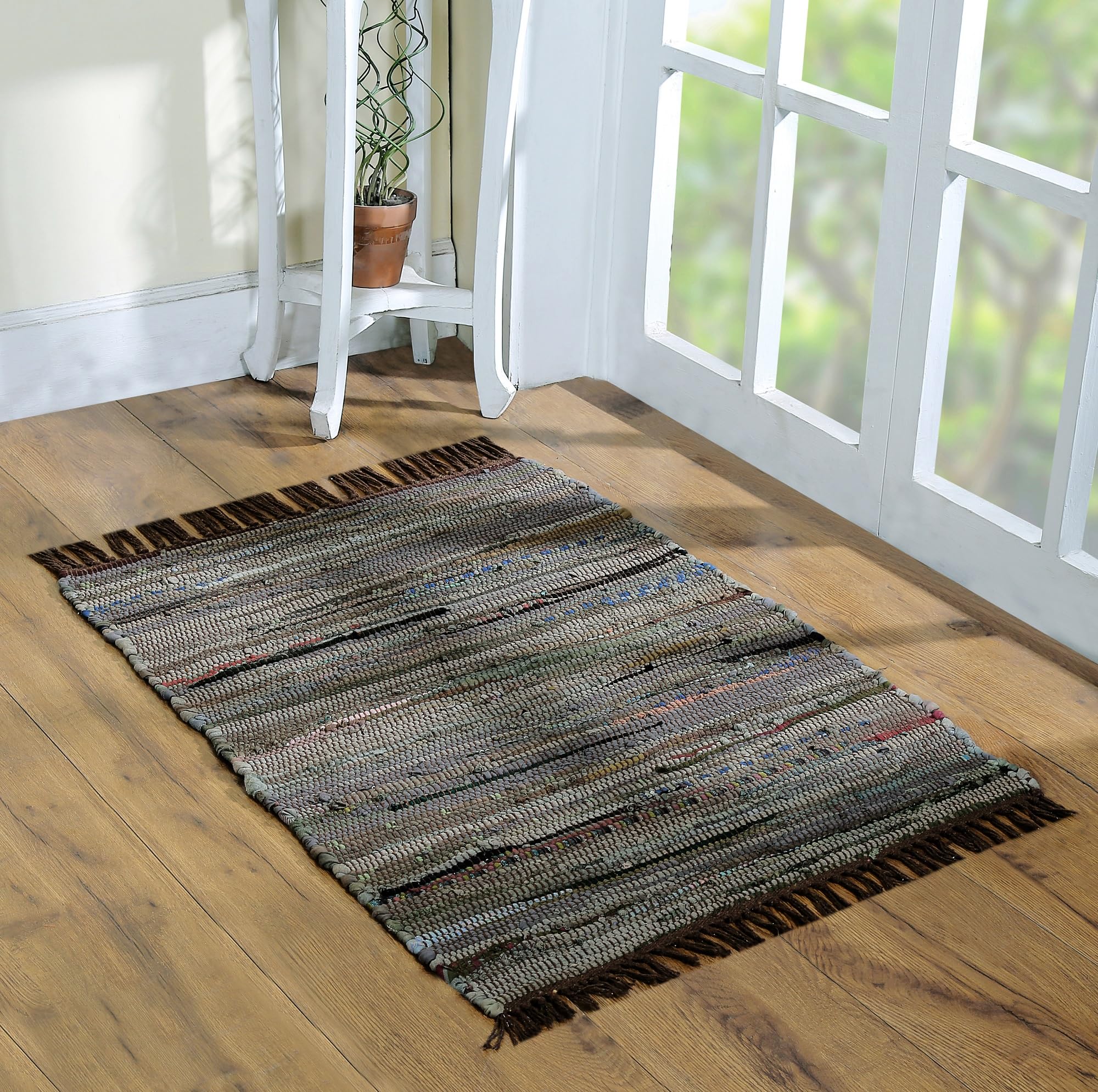 Cotton Rag Rug 24''x36''- Multicolor Chindi Rug - Hand Woven Washable & Reversible for Living Room Kitchen Entryway with Tassel (Brown-Multi)