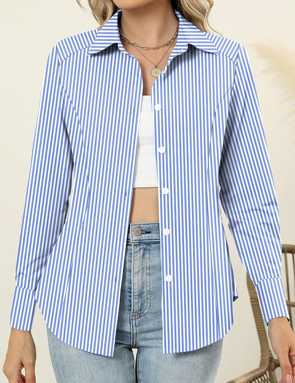 Rapbin Button Down Shirts for Women Long Sleeve Wrinkle Free Dress Shirts Casual Collared Blouses Business Work Tops - Image 6