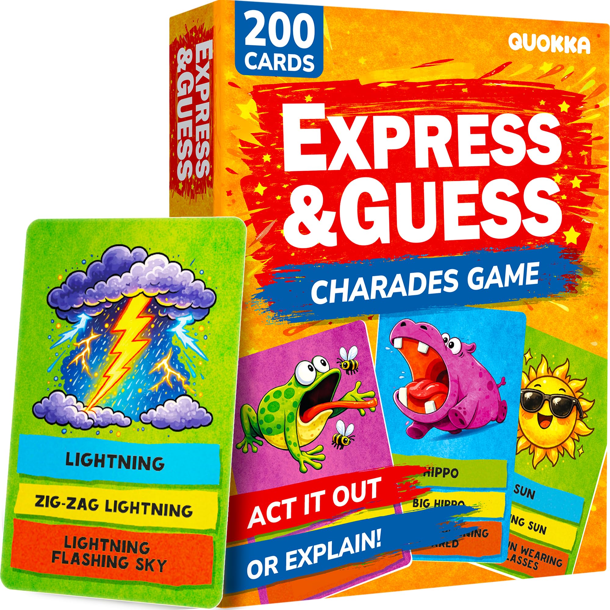 Quokka Charades Card Game For Kids Age 5-8 - Family Board Game for Kids 8-12 and Adults - 200 Acting and Explaining Cards with Timer and Chaos Die - Express & Guess - Fun Night Activities and Travel