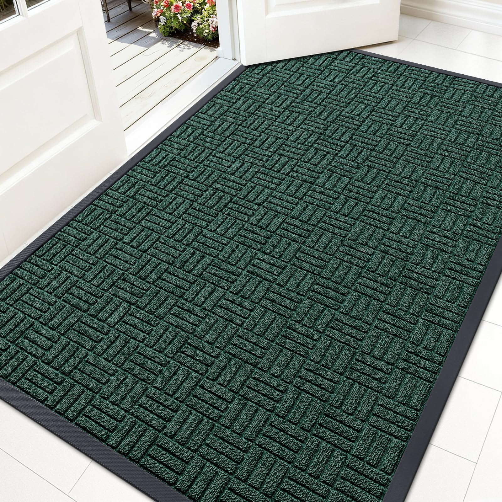 OLANLY Front Door Mat Outside Entrance 59x34, Heavy-Duty Rubber Doormat | Black Green, Stain and Fade Resistant, Non-Slip Backing, Low-Profile Indoor Outdoor Floor Mat for Entryway, Easy to Clean