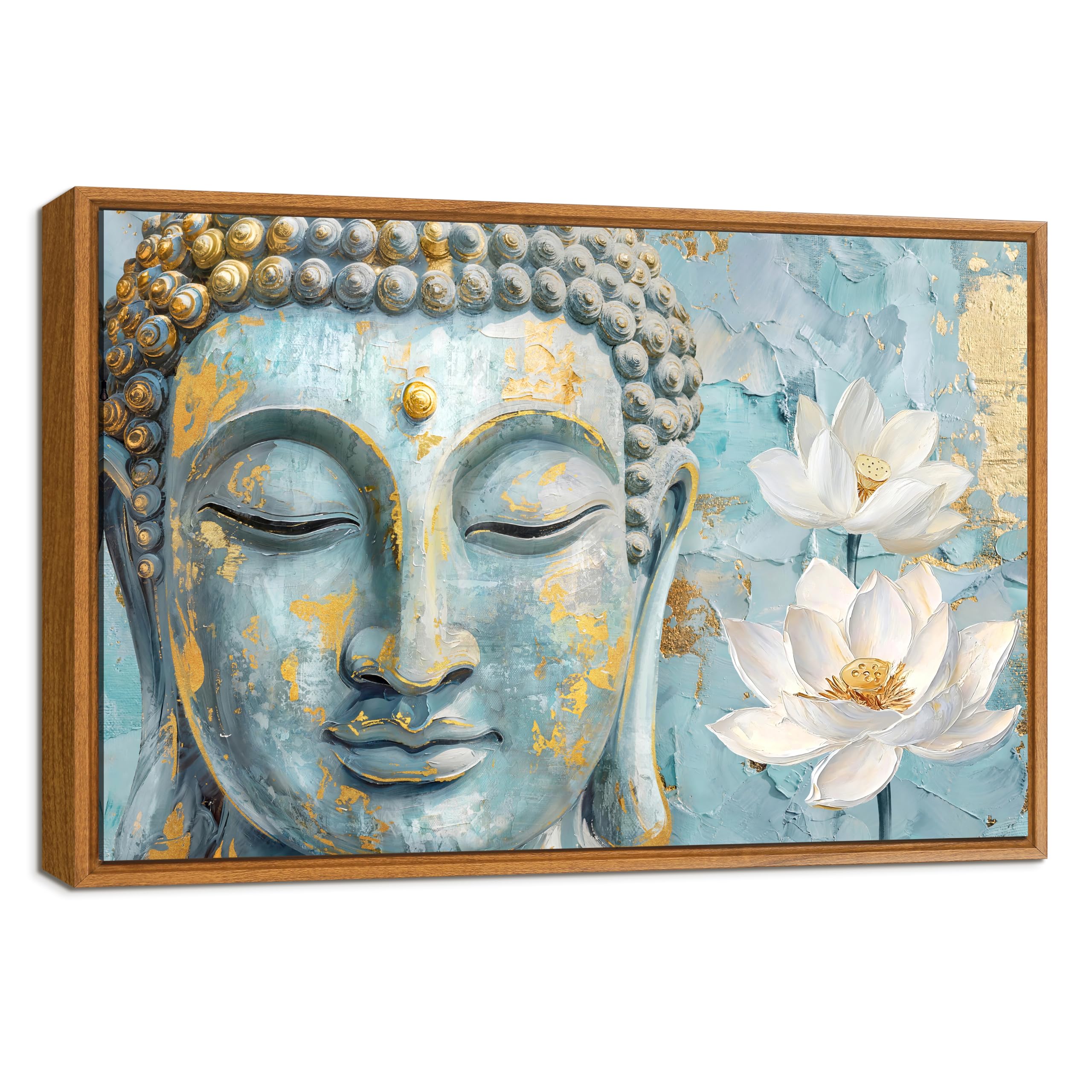 Blue Buddha Framed Canvas Wall Art White Lotus Flowers Painting on Canvas Prints for Wall Poster Abstract Buddhism Worship Zen Picture for Meditation Room Yoga Spa Decor 30x40cm (No Acrylic Glass)
