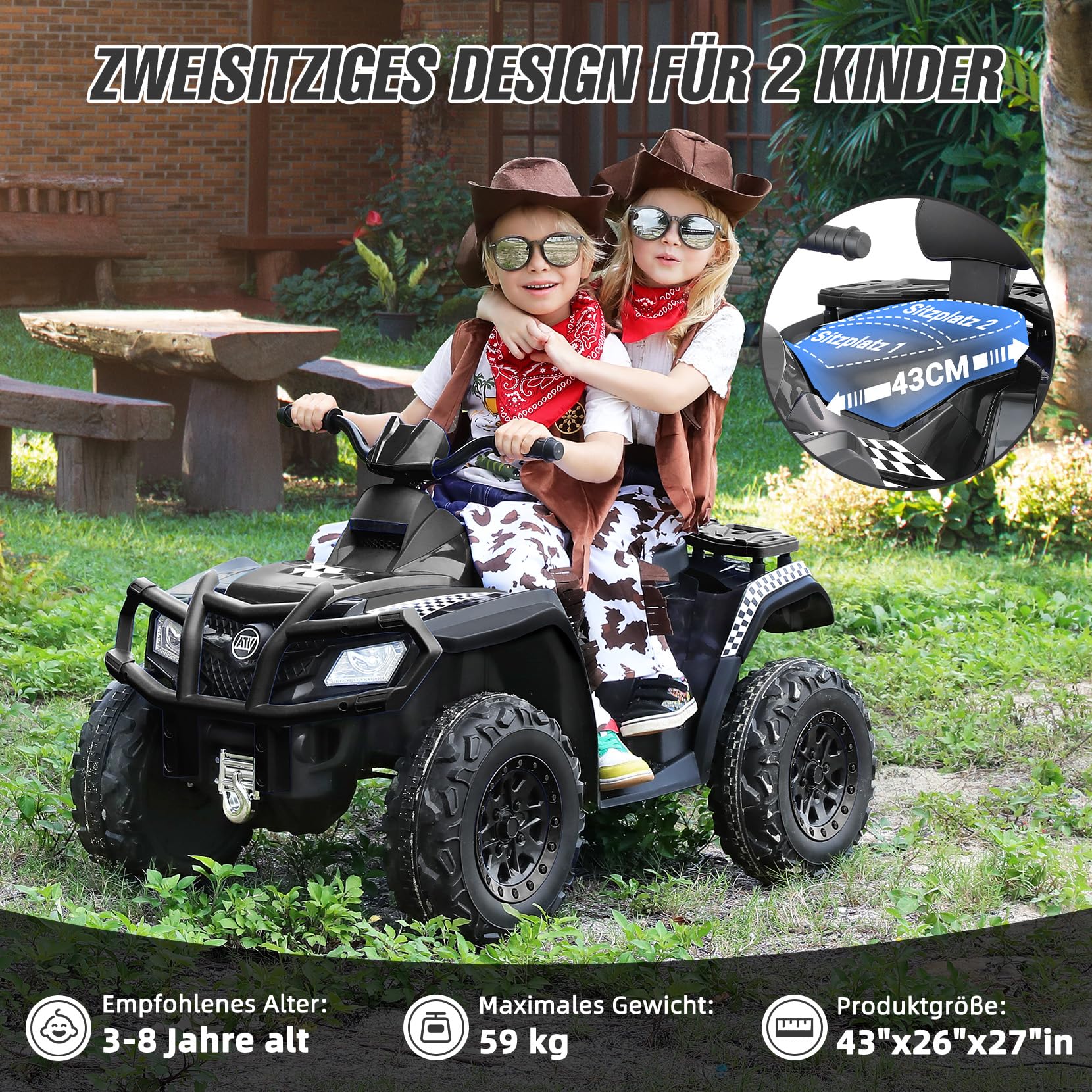 ELEMARA 2 Sitzer Kinder Quad für große Kinder,Elektro Auto Fuer Kinder ab 3 Jahre,6 km/h Höchstgeschwindigkeit,LED-Lichtern,Musik & Hupe,2 gefederten Rädern,Elektroauto für Jungen und Mädchen,Schwarz