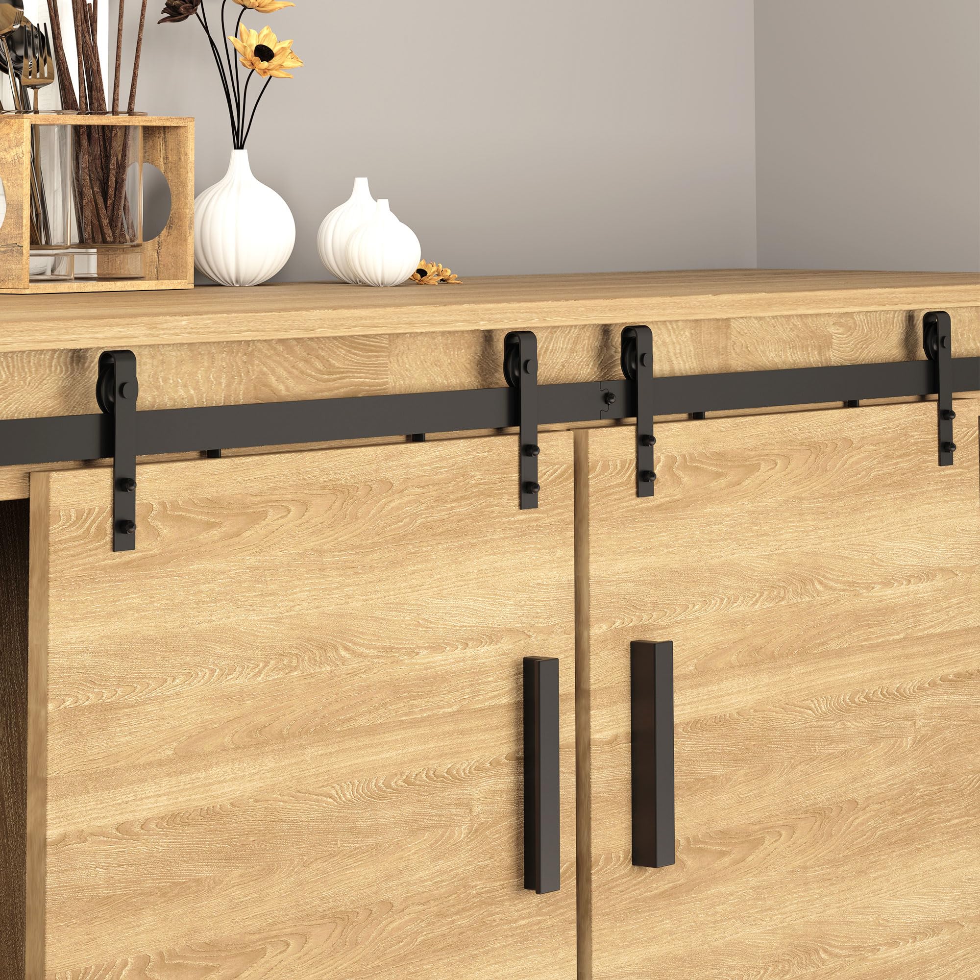 HOMCOM Herrajes Puertas Correderas 183 cm, Kit para Puerta Corredera Doble de Madera Ancho 45 cm, para Mueble de TV, Armario, Acero al Carbono, Negro
