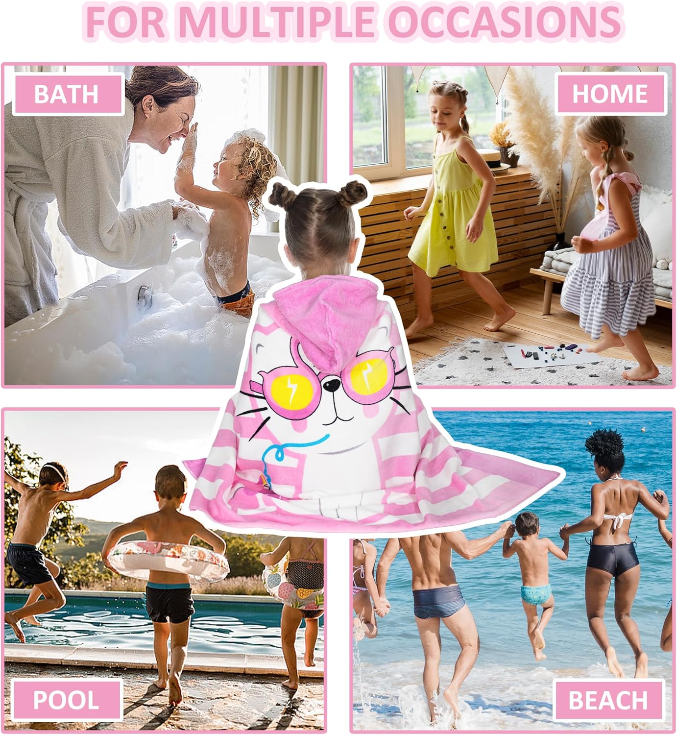 growell Kids Hooded Bath Towel-Soft Thick 100% Cotton Hooded Beach Towel for Kids 3-10 Years,Absorbent Fast-Drying Cute Toddler Bath & Swim Towel,for Boys & Girls 30"x50"(cat Pink)