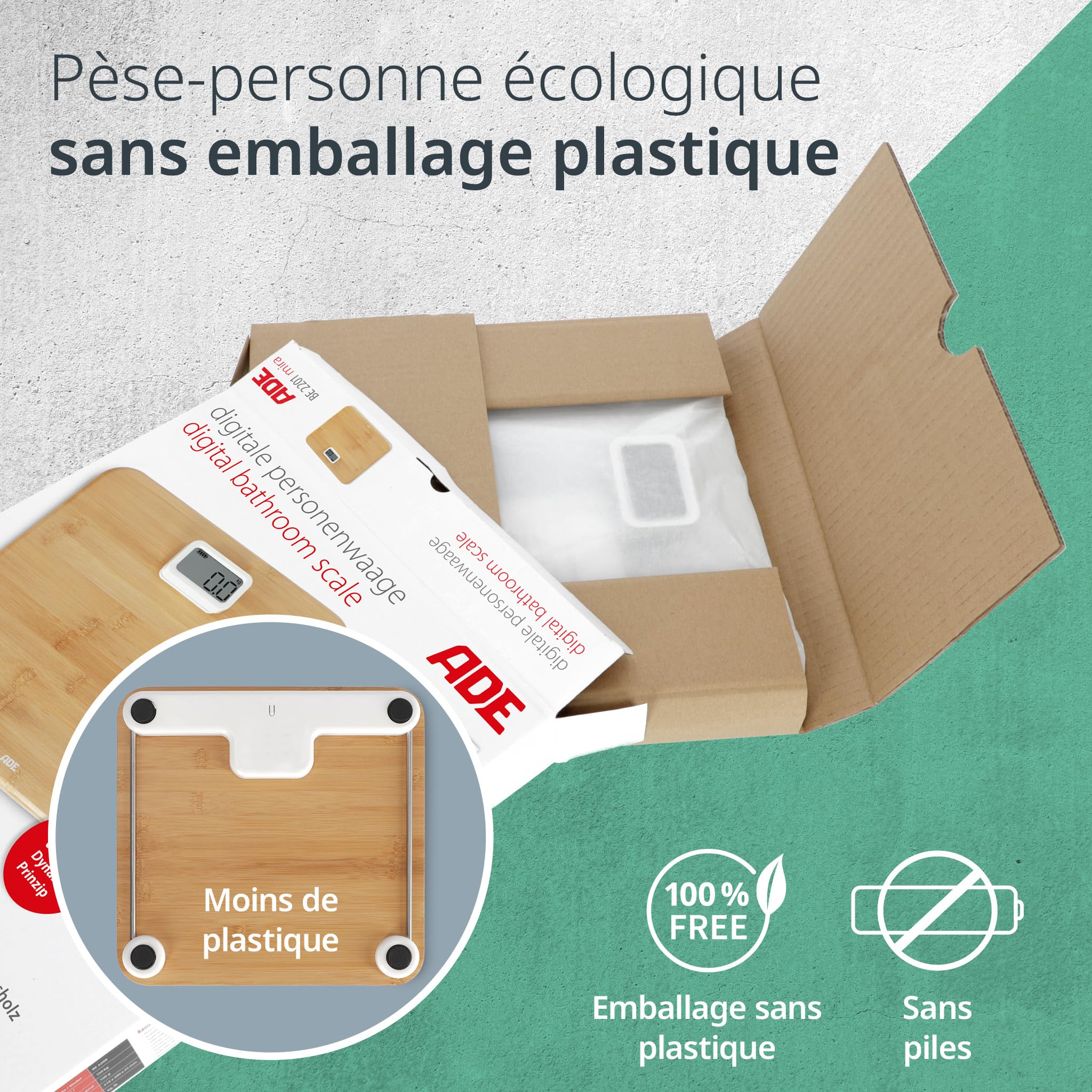 ADE Pèse-personne numérique | Sans piles avec dynamo | Pèse-personne écologique avec surface de pesage en bambou renouvelable | Jusqu'à 150 kg