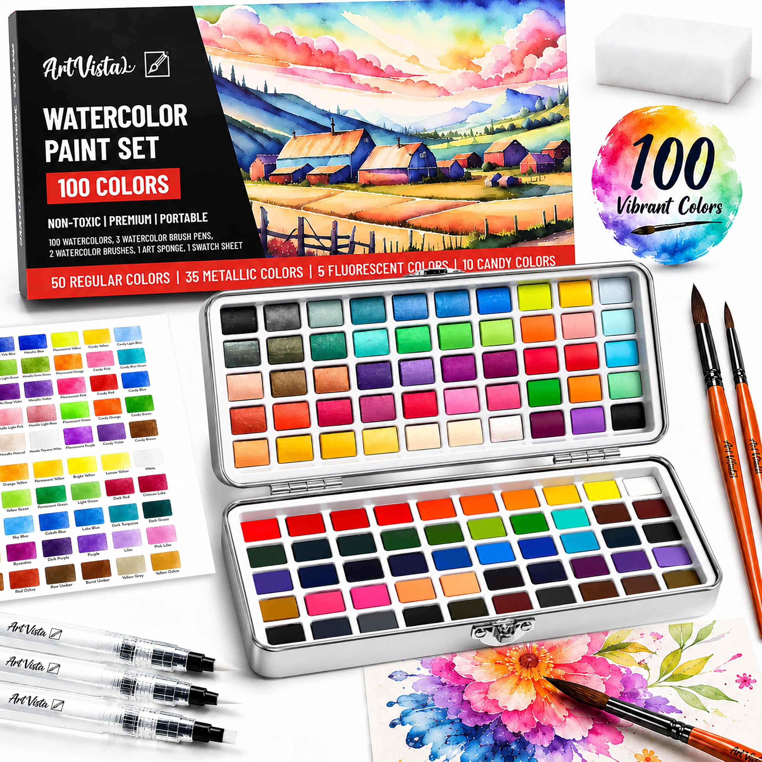 Watercolor Paint Set 100 Vibrant Colors for Adult Beginner Professional | With Metallic C…