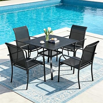 SUNCROWN 5 Pieces Outdoor Dining Set, Patio Furniture Set with 4 x Textilene Dinning Chairs and 1 Steel Slat Metal Bistro Table for Lawn Garden Backyard Poolside Deck, Black
