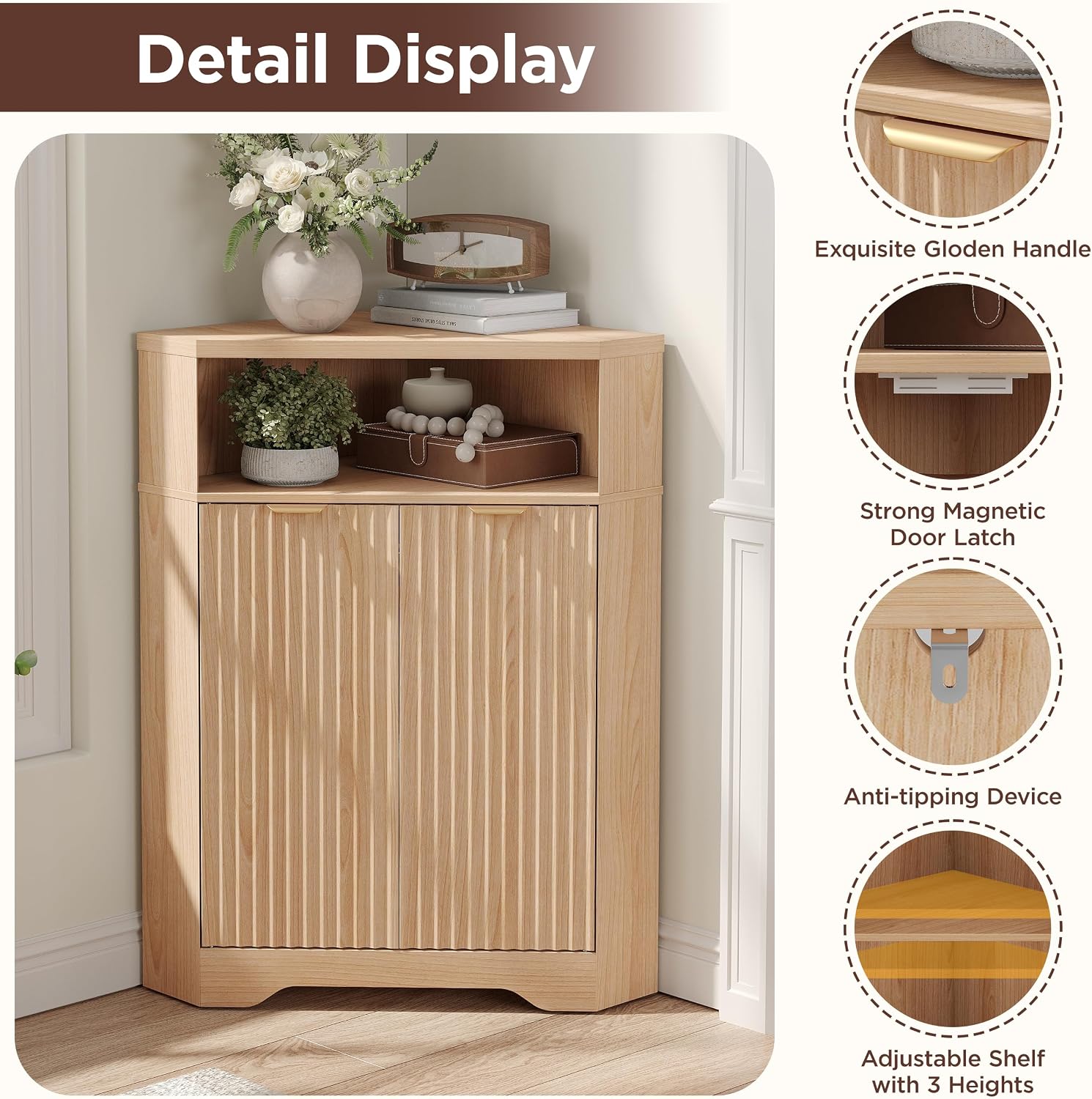 Vabches Corner Cabinet, Corner Bathroom Cabinet with Open Storage, Modern Fluted Storage Cabinet with 2 Doors and Adjustable Shelf, Space Saver for Bathroom, Kitchen, Living Room, Pantry, Natural