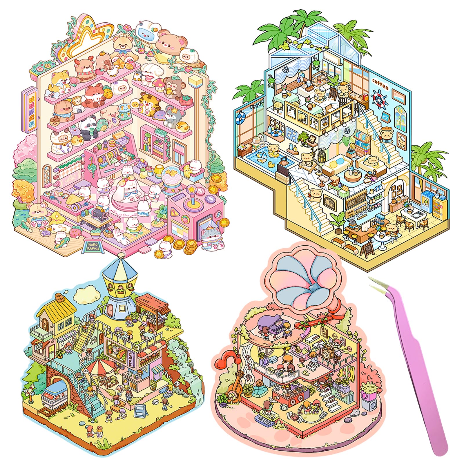 DIY 3D Large House Stickers Kit 4 Sets Non-Toxic & Safe 3D Miniature Scene Therapy for Kids and Adults Stress Relief Sticker Scenes with Tweezers Creative Fun & Reusable DIY Sticker Therapy Kit