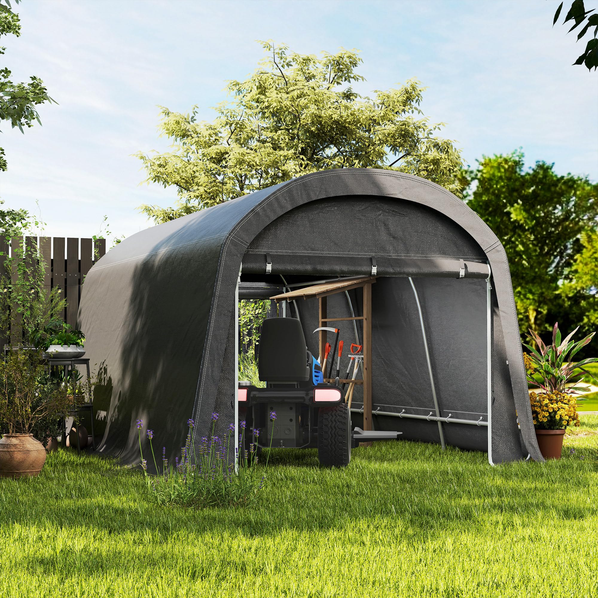 Outsunny Gerätehaus für Fahrräder, wasserdicht Gerätezelt mit Tür, Anti-Staub-Fahrradabdeckung, Unterstand, Foliengerätehaus Fahrradschuppen Fahradgarage für Garten 300x450x230 cm, Dunkelgrau