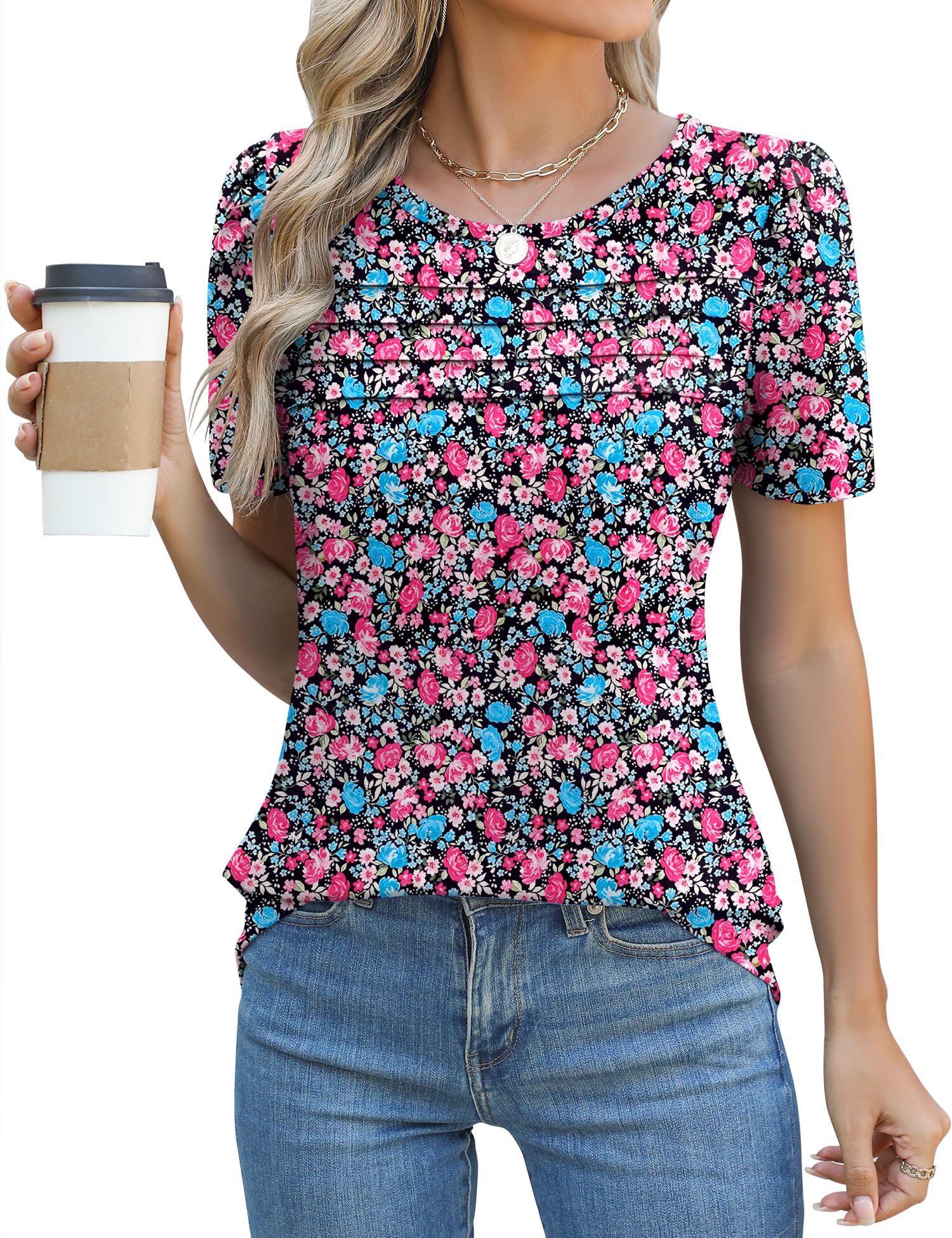 Rapbin Tshirt Damen Sommer Kurzarm Bluse Elegant Rundhals Mit Falten Oberteil Locker Puffärmel Blumen Lässig Tunika Tops 2026