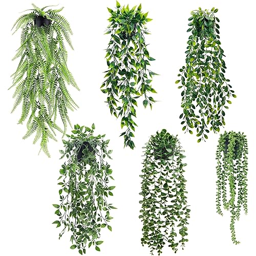 Der Rose 6 Packs Fake Plants Hanging with Pots Artificial Eucalyptus Vines Faux Hanging Plants Indoor for Room Wall Shelf Outdoor Decor