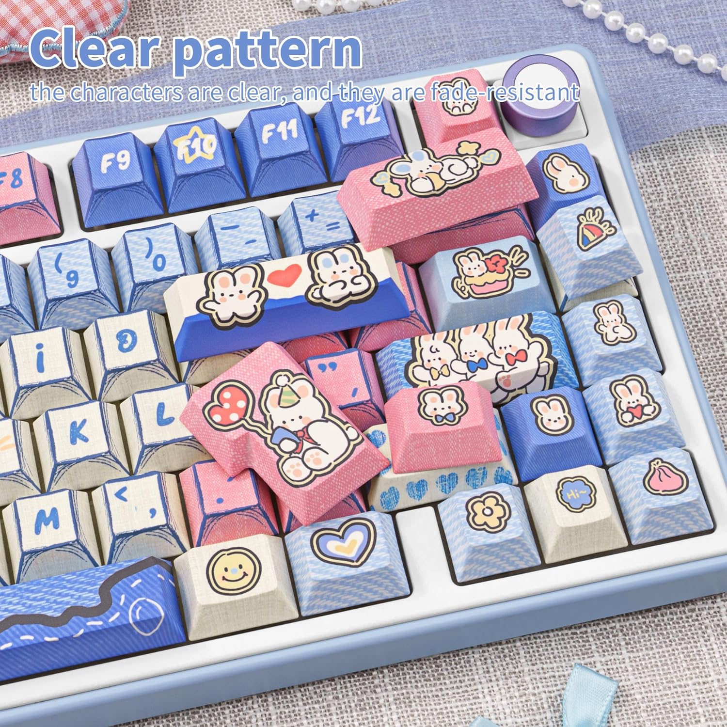 Manga Themed Keycaps 134 Key PBT Keycap Set Cherry Profile Dye-Sublimation Cute Keycaps with Denim Bunny Design for 61/87/104/108/84/64/98/96 Mechanical Keyboard