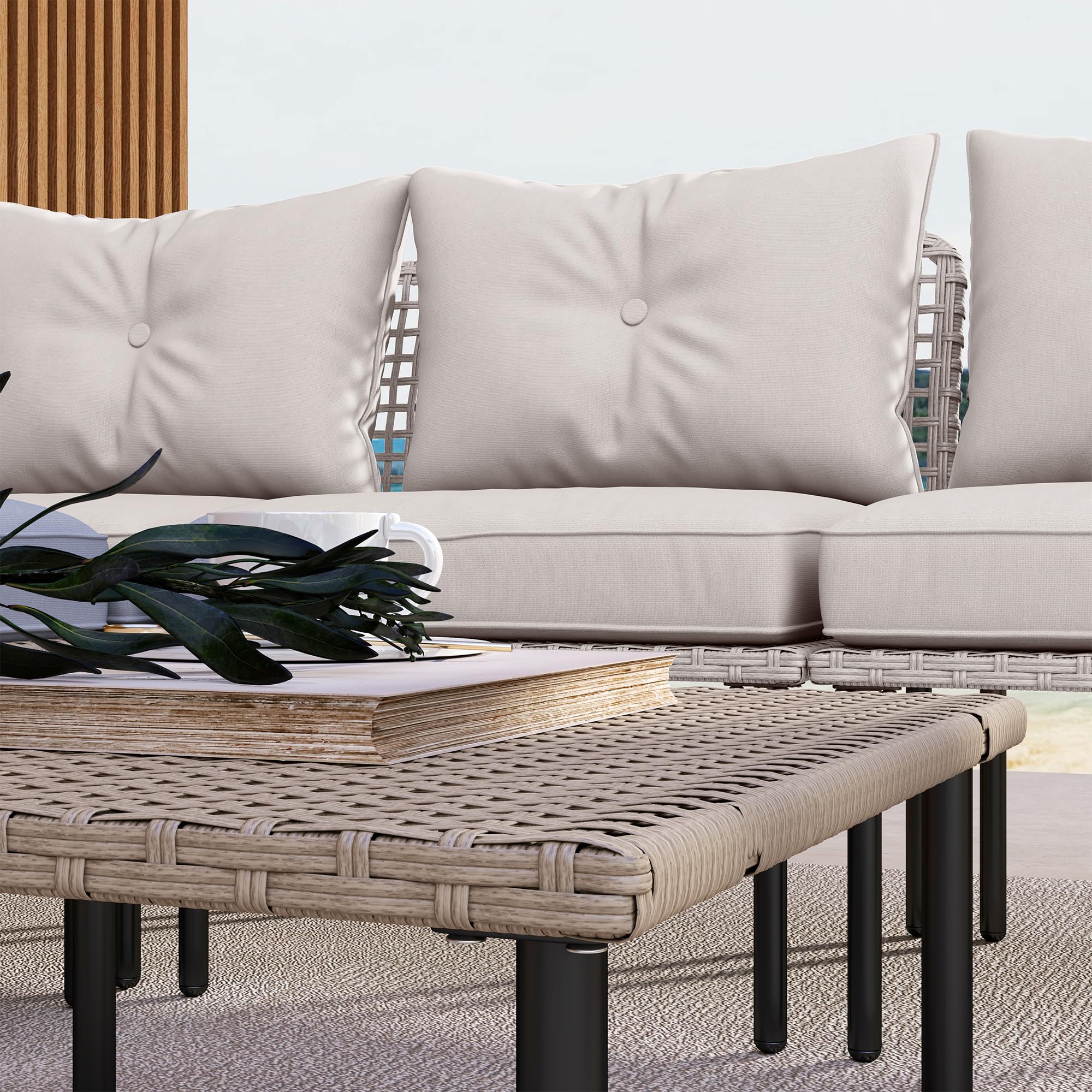 Outsunny Conjunto de Jardín Exterior de Ratán Sintético de 5 Piezas Muebles de Jardín Exterior Incluye 2 Sofás Esquineras 1 Sofá de Exterior 1 Taburete 1 Mesa de Centro con Cojines Crema