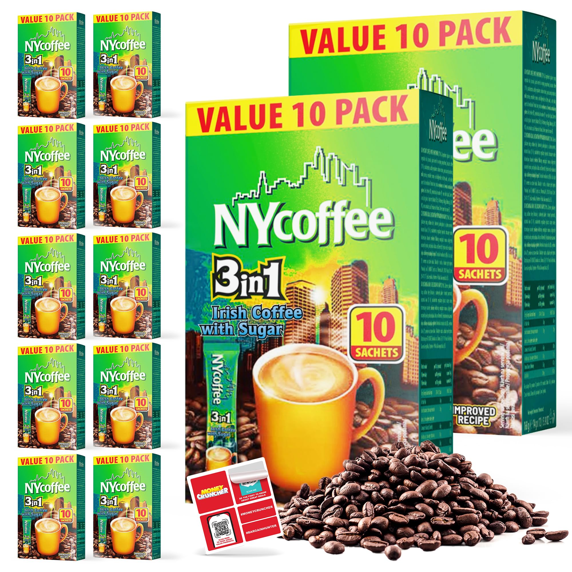 SOL 100pk Bulk NY 3-in-1 Coffee Sachets, Irish Latte Flavour, Case Pack Includes 10 x 10 Individually Wrapped Instant Sticks, Convenient and Portable, Perfect for Home, Office, or Travel