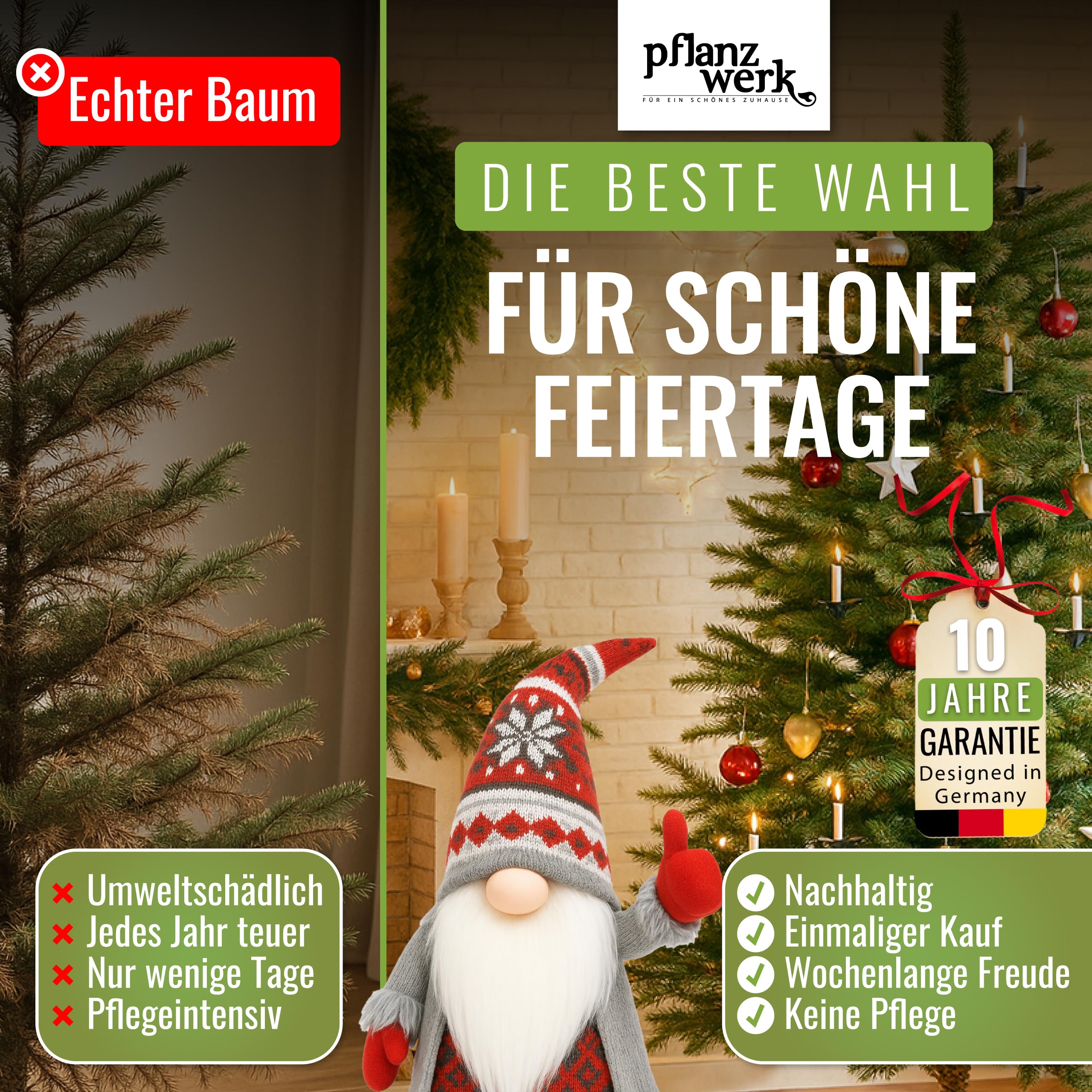 PFLANZWERK® Premium KÜNSTLICHER Weihnachtsbaum NORDMANNTANNE mit Christbaum Holzständer 180cm - TESTSIEGER - NACHHALTIG - GARANTIE - Tannenbaum mit naturgetreuen Nadeln und Zweigen ohne Beleuchtung