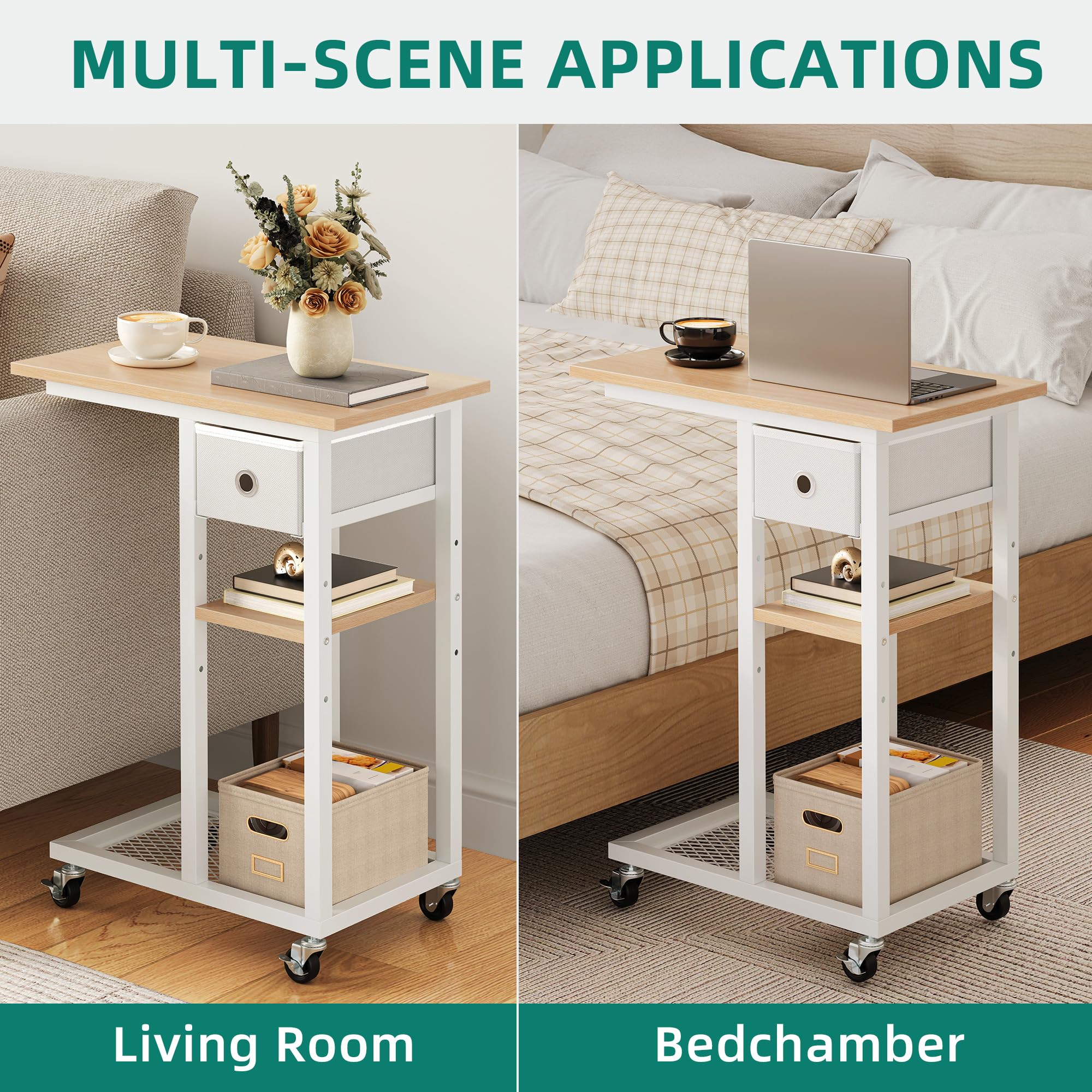 Segenn side table, with wheels, coffee table, c shape, laptop table with storage 50 x 35 x 60 cm