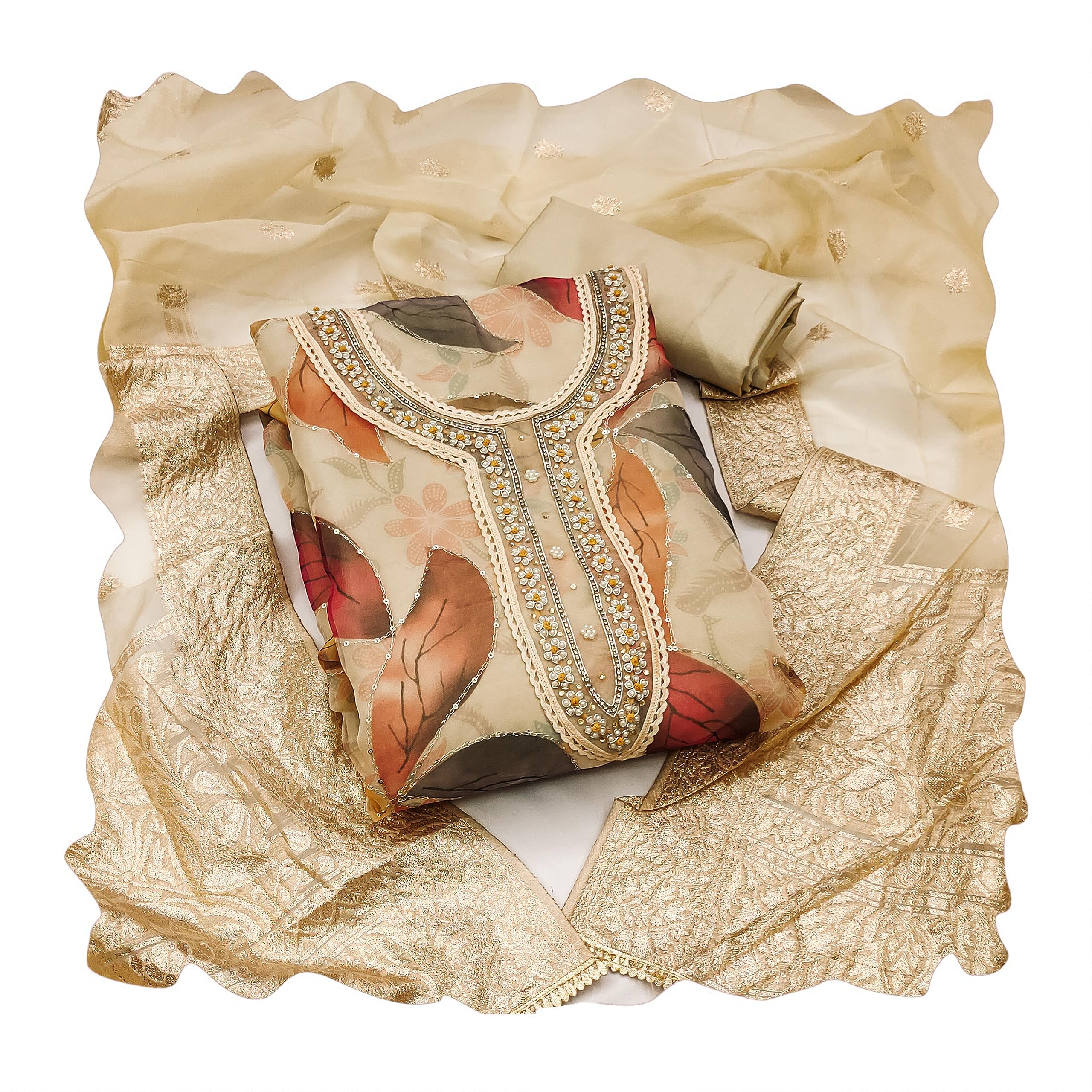 manvaa Women'S Beige Unstitched Stylish Handwork, Thread Sequence Work, Designer Position Print And Fancy Border With Banarasi Woven Dupatta Organza Dress Material (MSMFC11284B)-picture-5