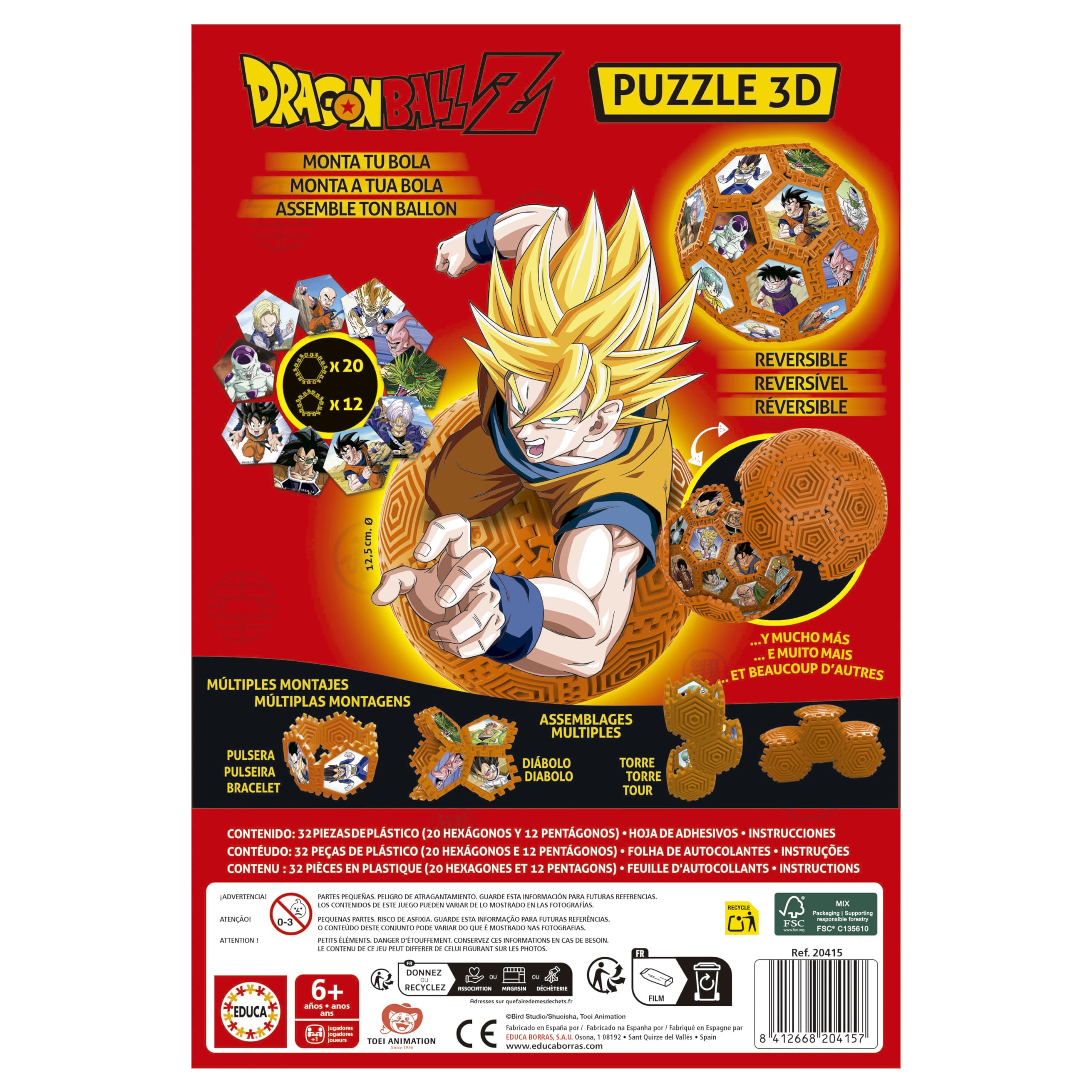 Educa - Pallone 3D Dragon Ball | Puzzle 3D da assemblare e giocare con 32 pezzi | Build & Play | Da 6 anni (20415)