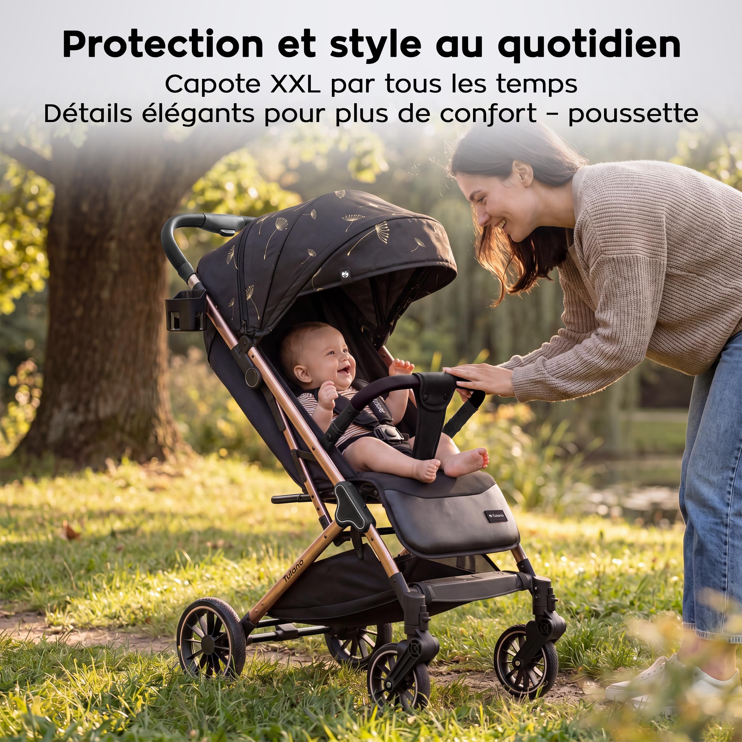 TULANO Lagos 35 Poussette Canne Compacte & inclinable - poussette bebe & voyage - Légère et Pliable - Jusqu'à 15 kg - Fonction Valise - Panier - Couvre-Jambes et Porte-Gobelet Inclus – Noir/Or
