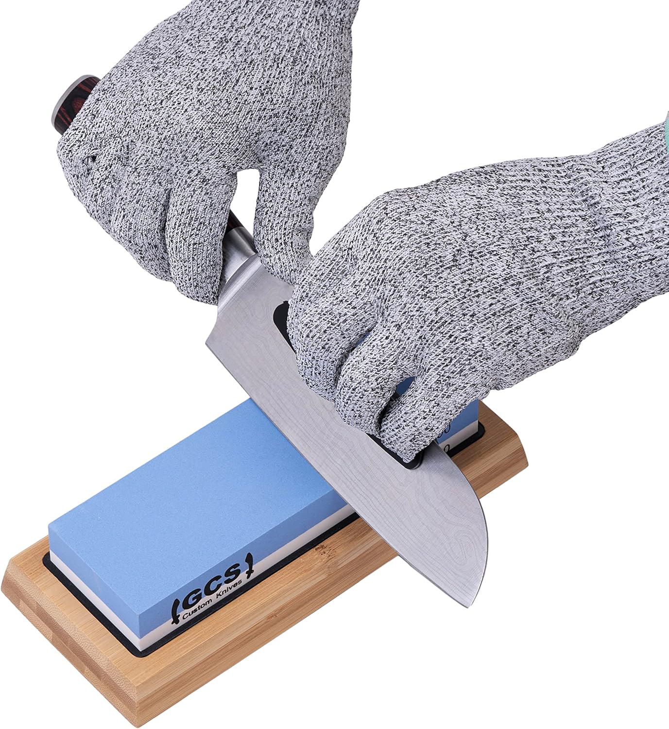 GCS Knives Sharpening Stone Set Dual Grit Whetstone 400/1000 3000/8000 Waterstone Set - Kitchen Knife Sharpener Wet Stones Kit - Flattening Stone, Angle Guide, Leather Strop, Cut Resistant Gloves